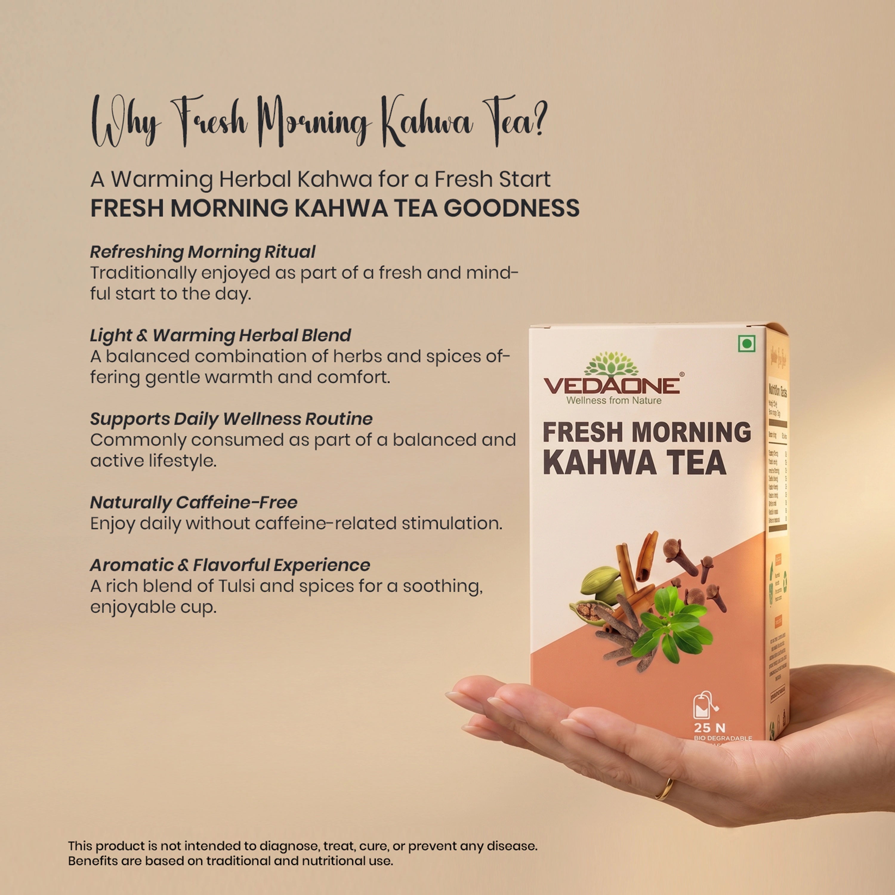 Vedaone Fresh Morning Kahwa Tea – 25 Dip Bags | Caffeine-Free Herbal Kahwa with Tulsi, Cinnamon & Spices for Daily Refreshment