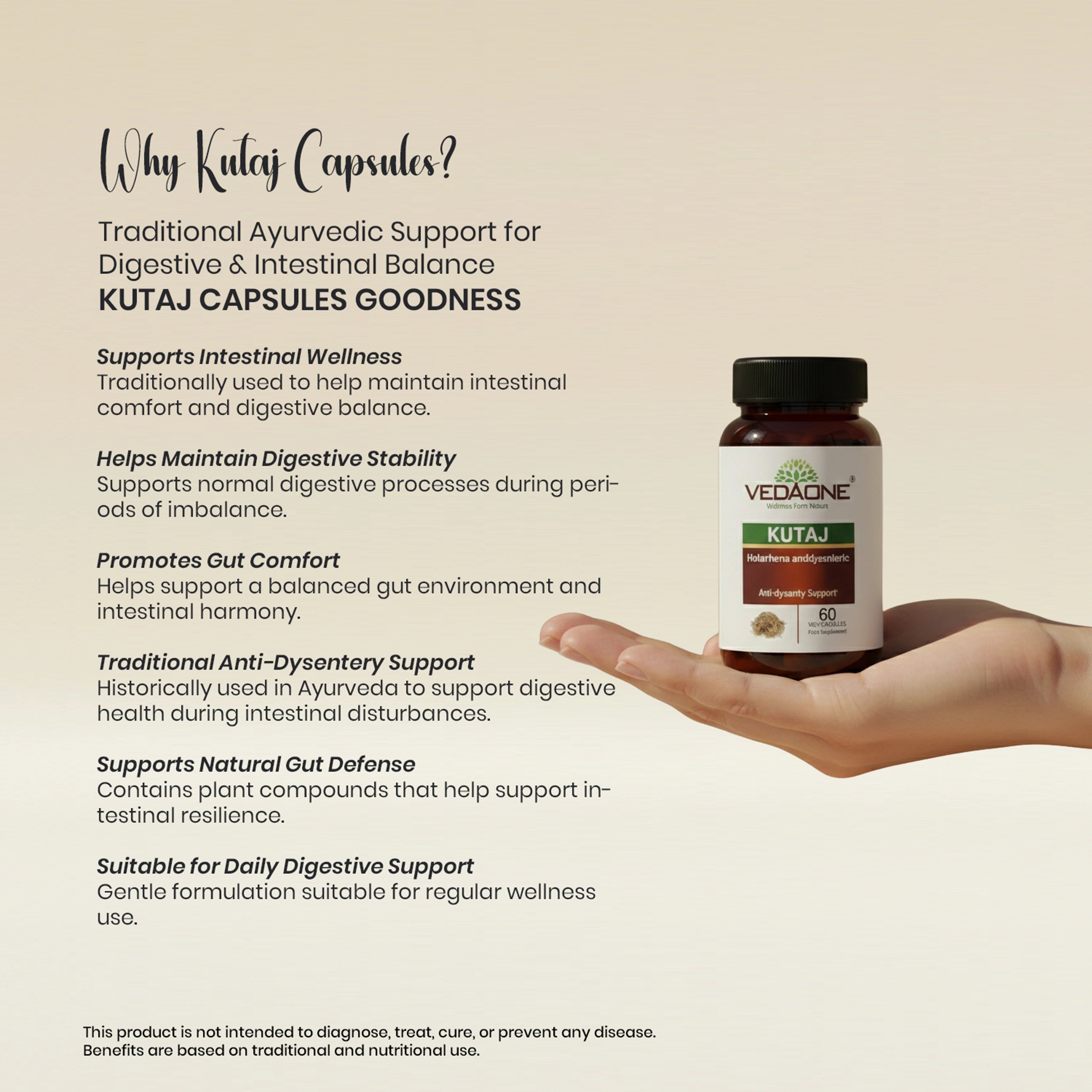 Vedaone Kutaj Capsules 60 Capsules | Kutaj (Holarrhena antidysenterica) for Digestive & Intestinal Wellness Support