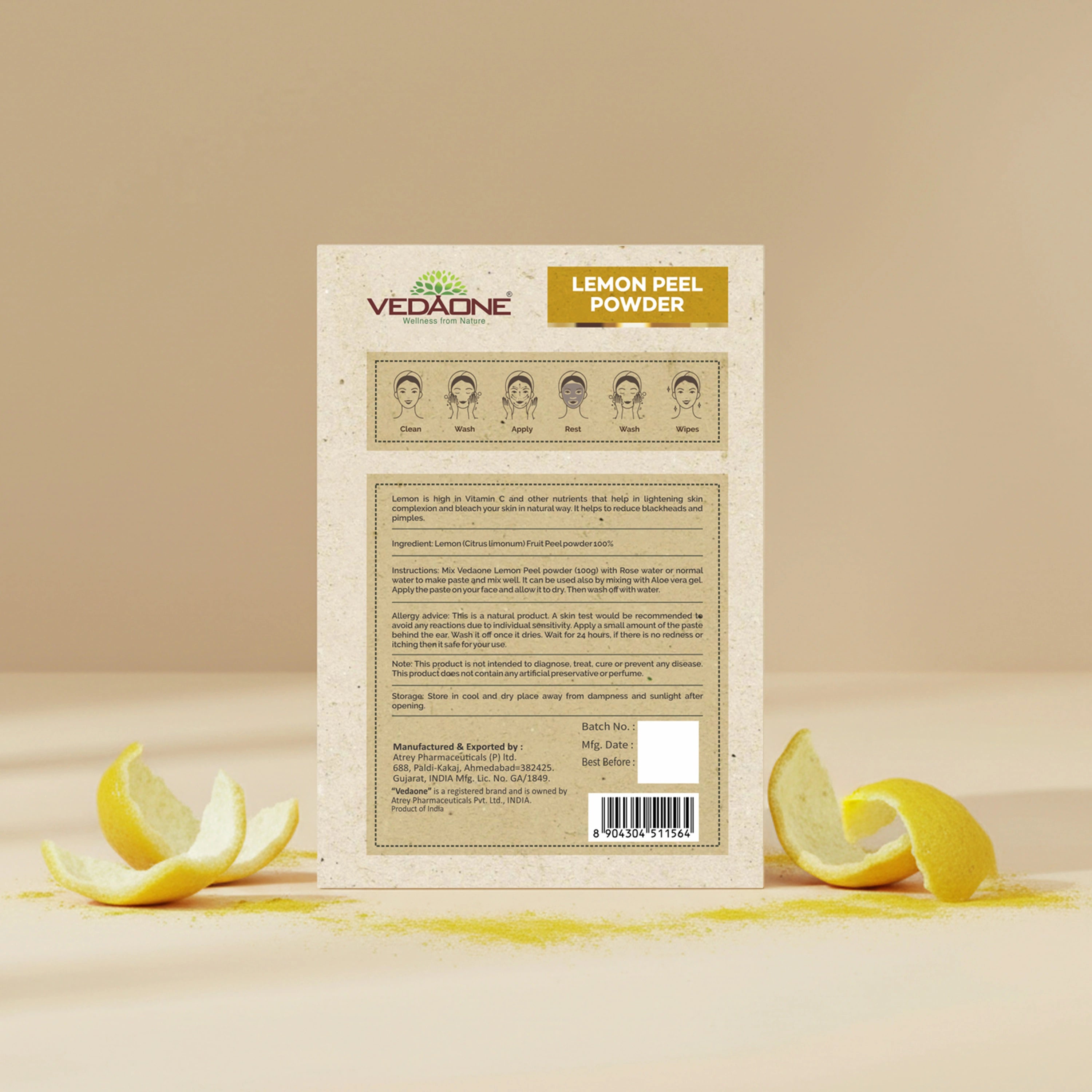 Vedaone Lemon Peel Powder Face Pack – 100 g | Natural Brightening & Skin Refresh Care