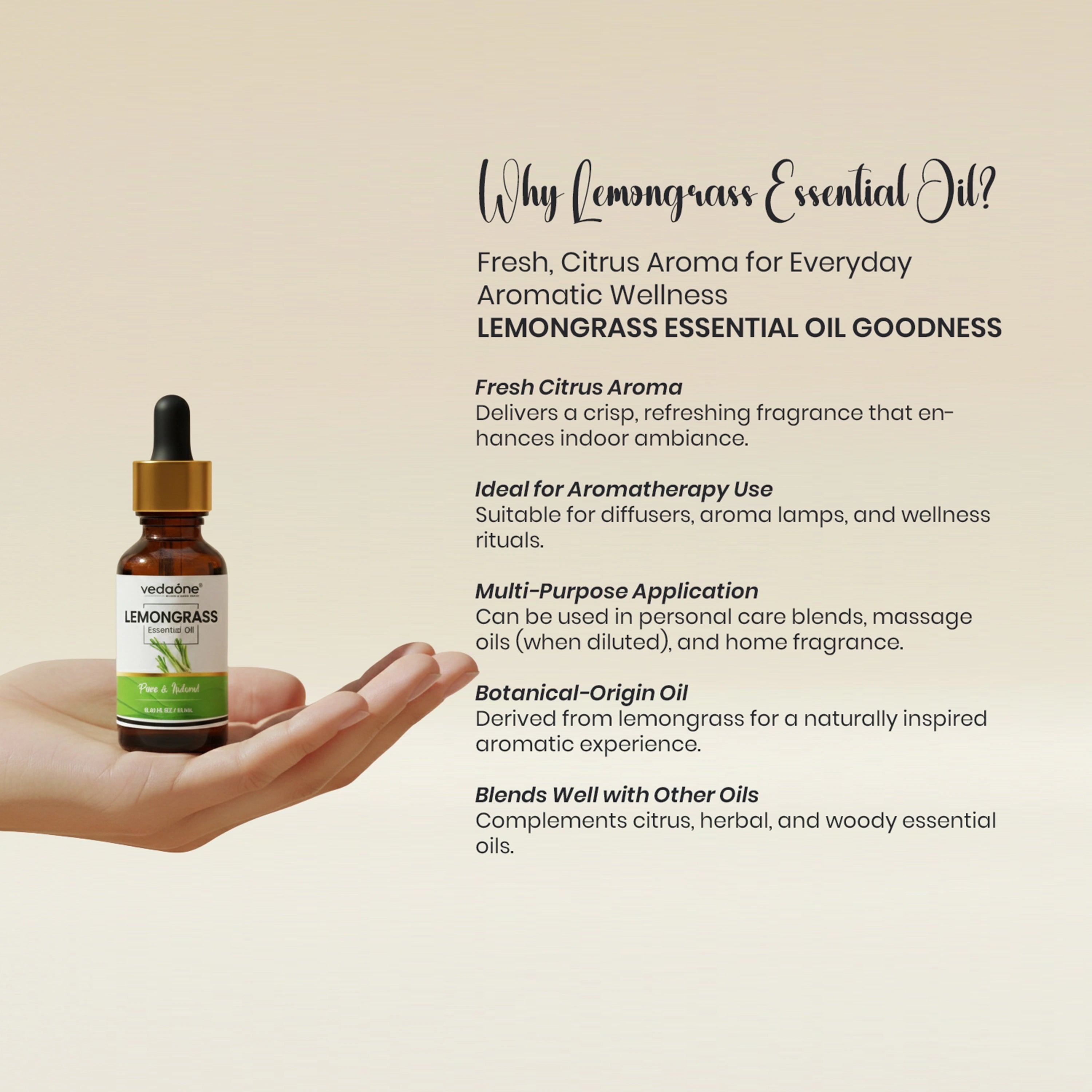 Vedaone Lemongrass Essential Oil 15 ml | Pure Botanical Aromatherapy Oil