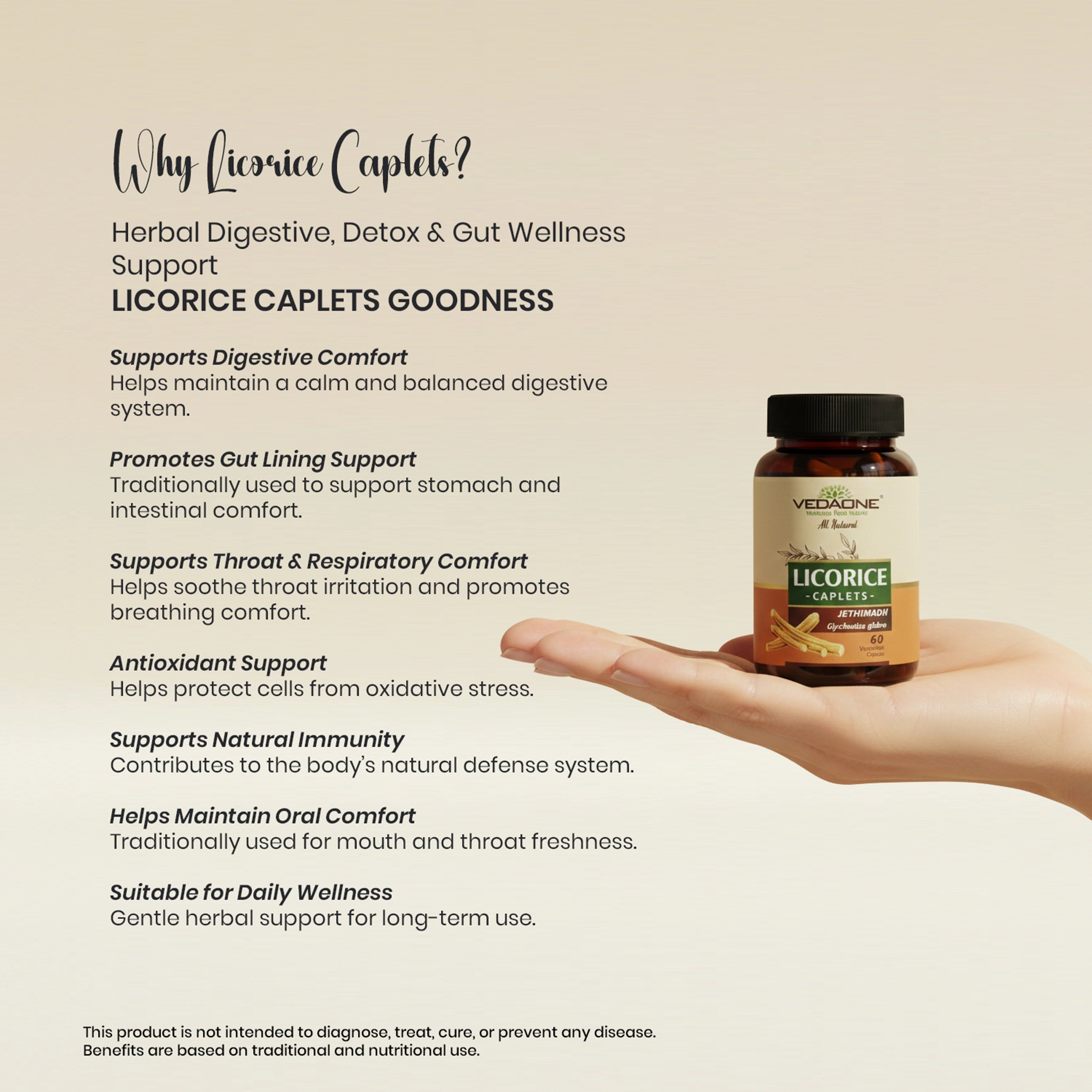 Vedaone Licorice (Jethimadh) 60 Caplets | Herbal Digestive, Respiratory & Gut Comfort Support