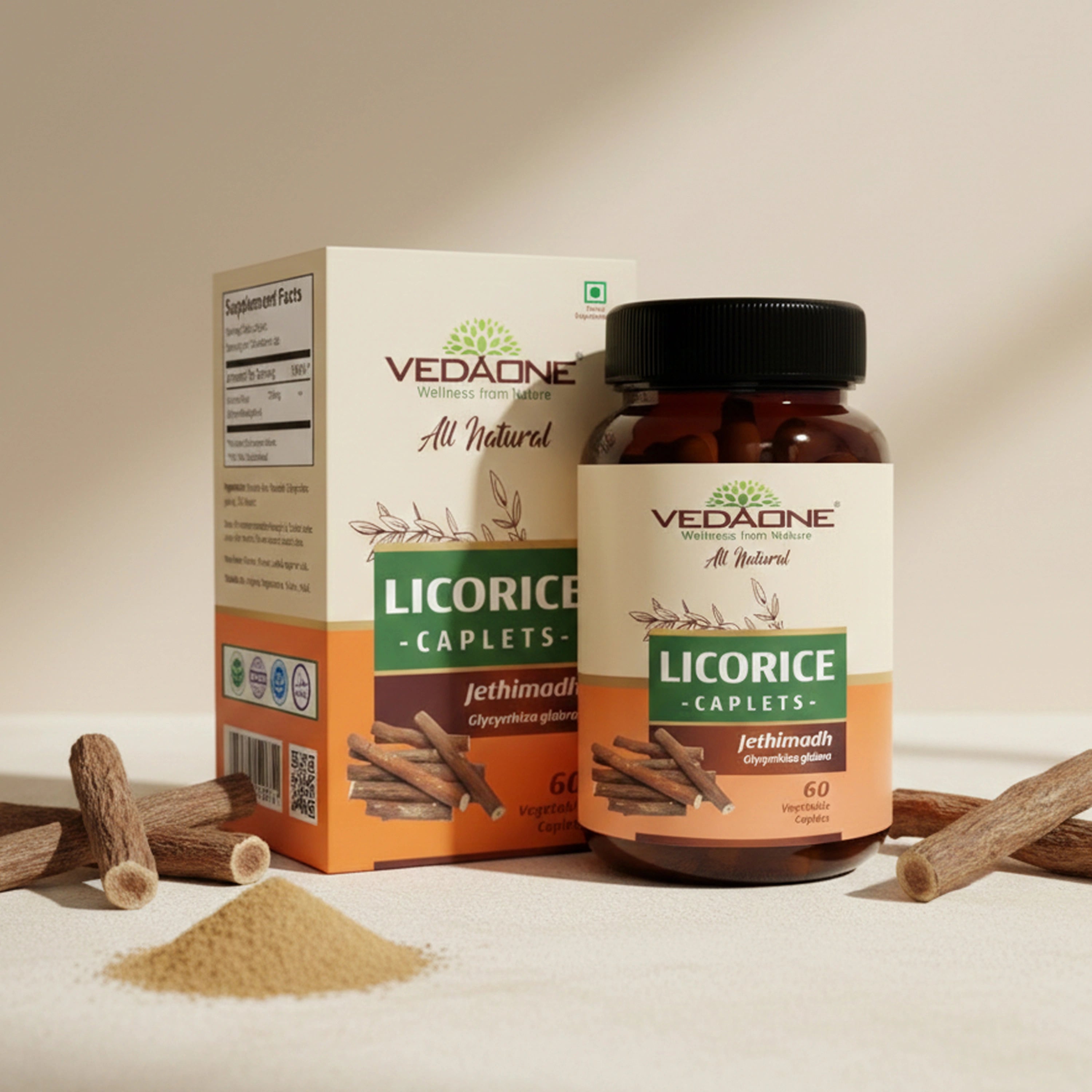 Vedaone Licorice (Jethimadh) 60 Caplets | Herbal Digestive, Respiratory & Gut Comfort Support
