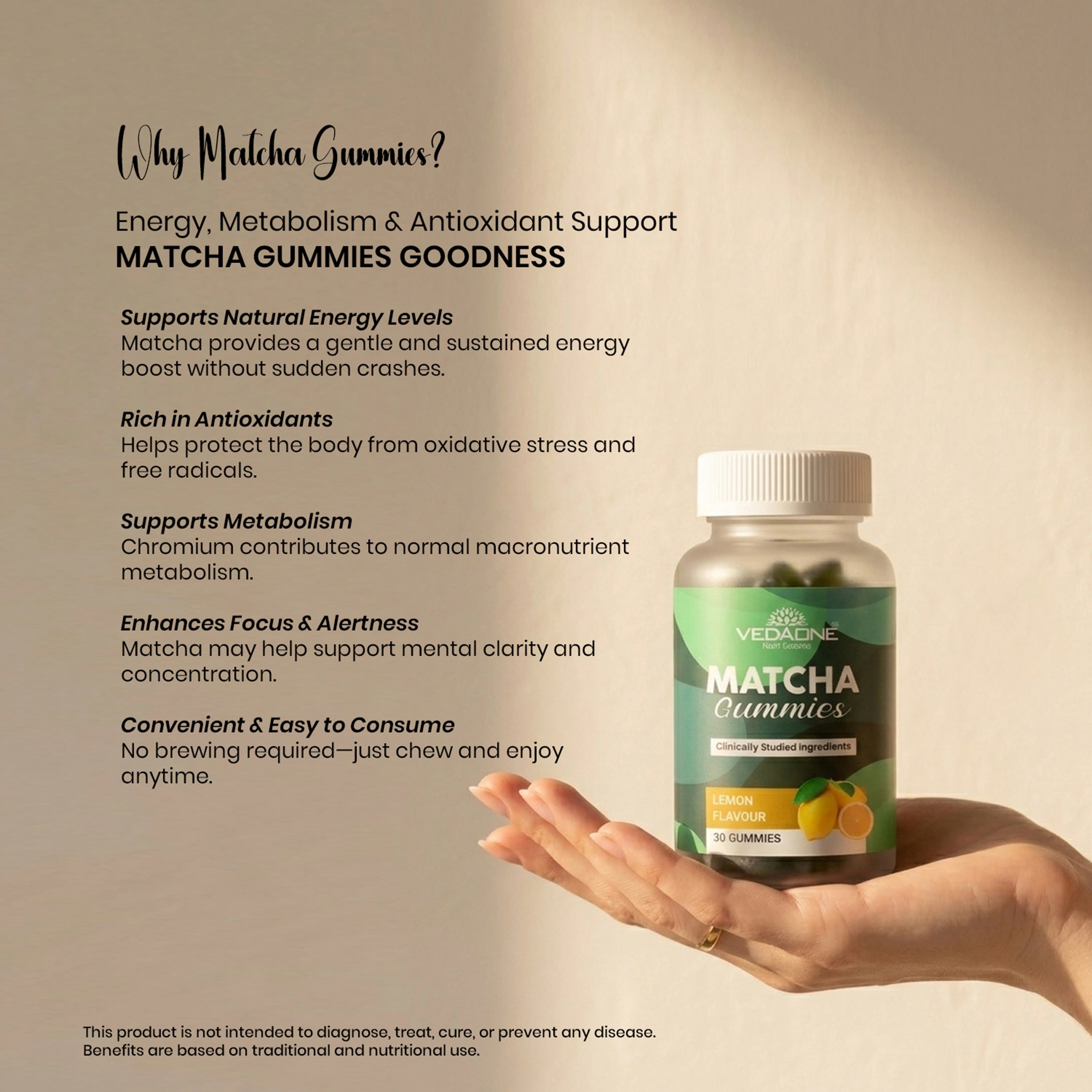 Vedaone Matcha Gummies – 30 Gummies | Energy, Metabolism & Antioxidant Support