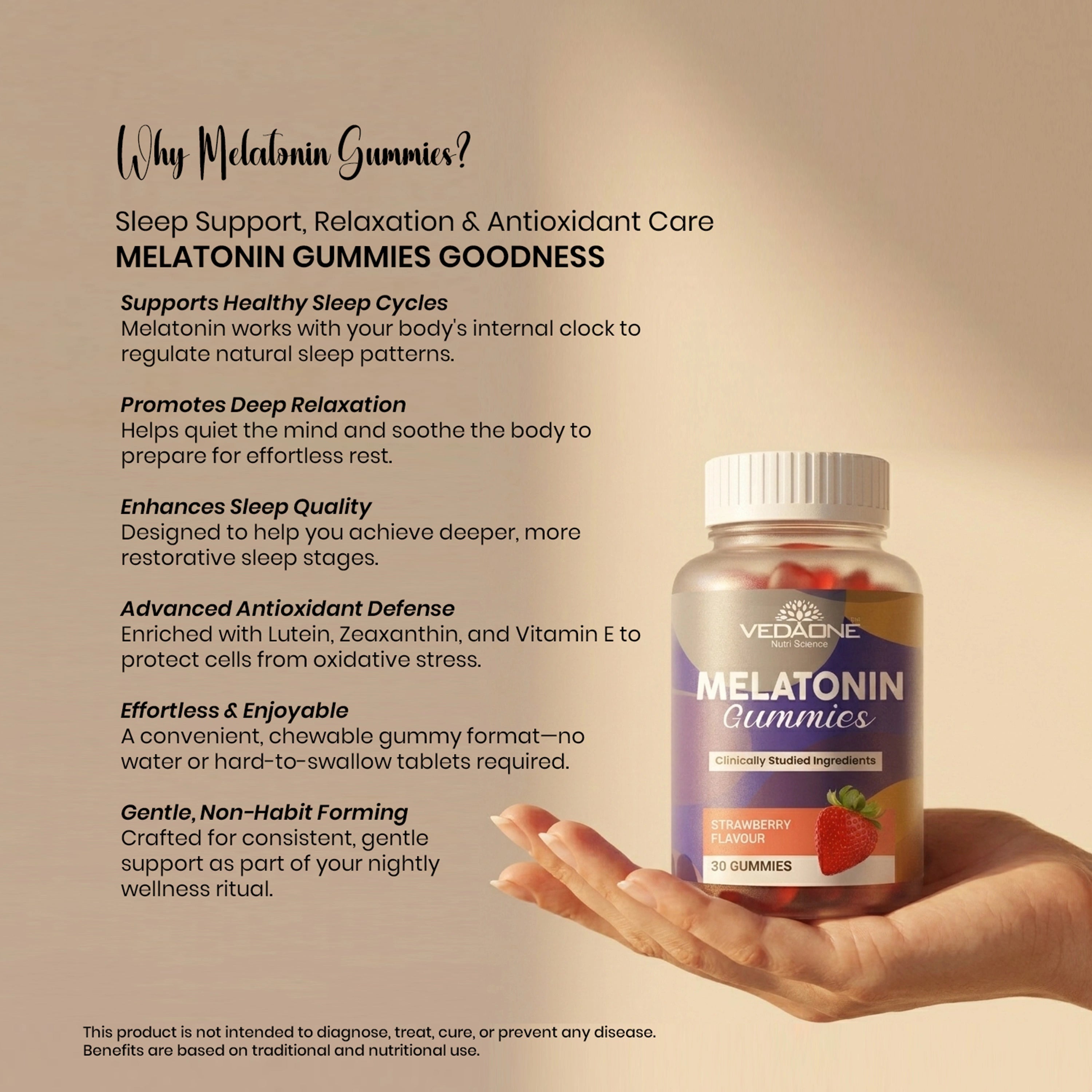 Vedaone Melatonin Gummies – 30 Gummies | Sleep Support, Relaxation & Antioxidant Care
