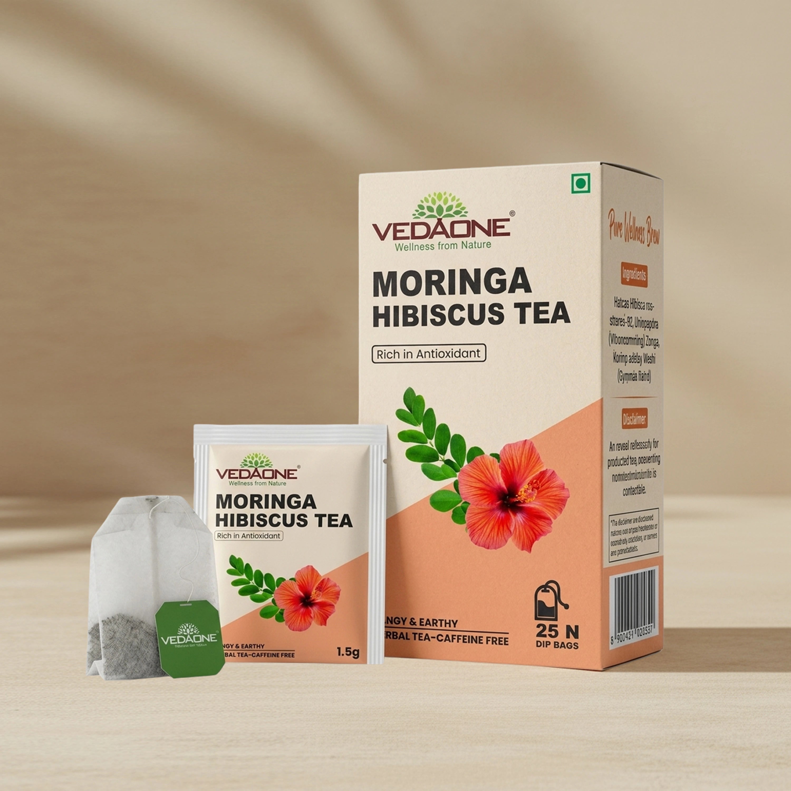 Vedaone Moringa Hibiscus Tea – 25 Dip Bags | A Herbal Infusion Rich in Natural Antioxidants