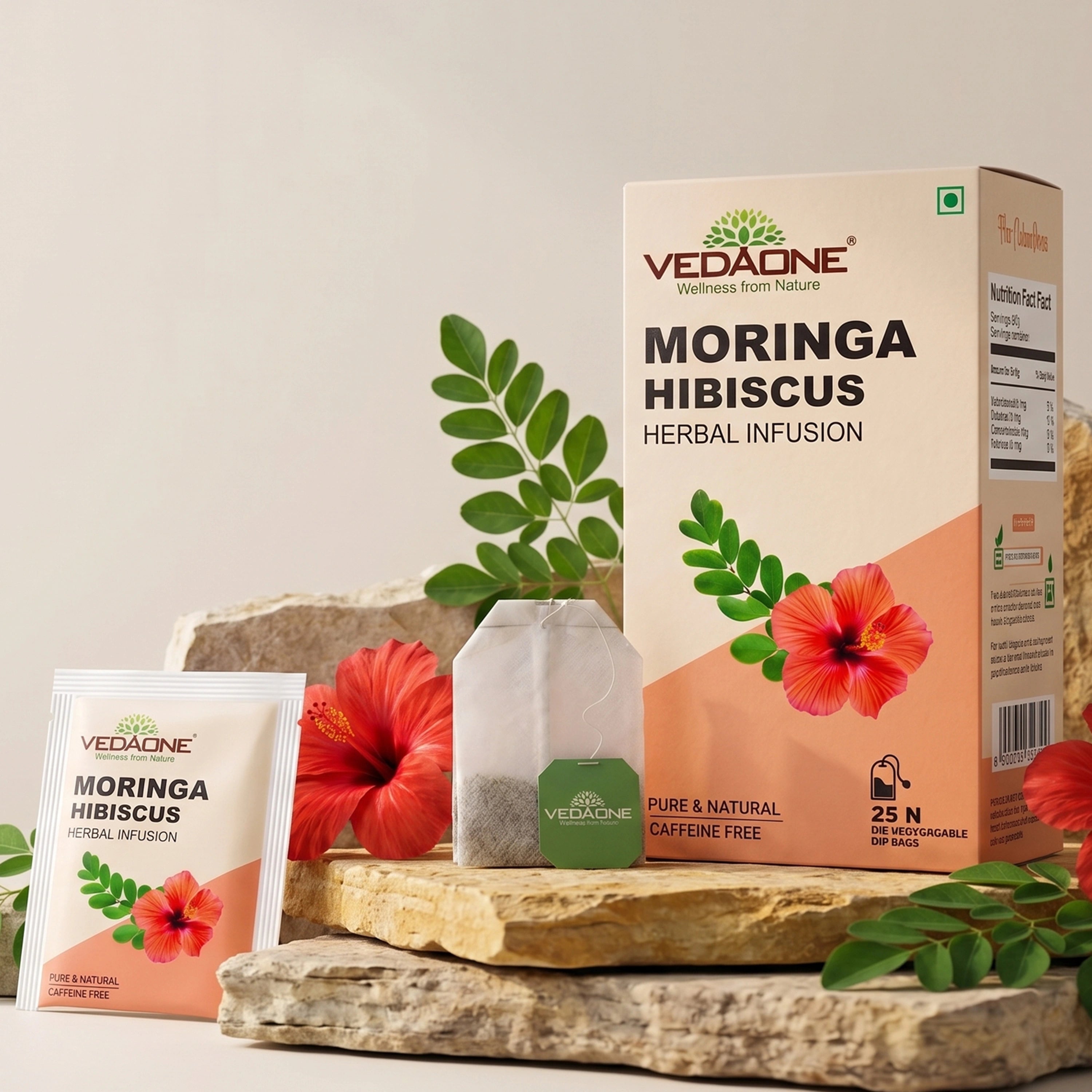Vedaone Moringa Hibiscus Tea – 25 Dip Bags | A Herbal Infusion Rich in Natural Antioxidants