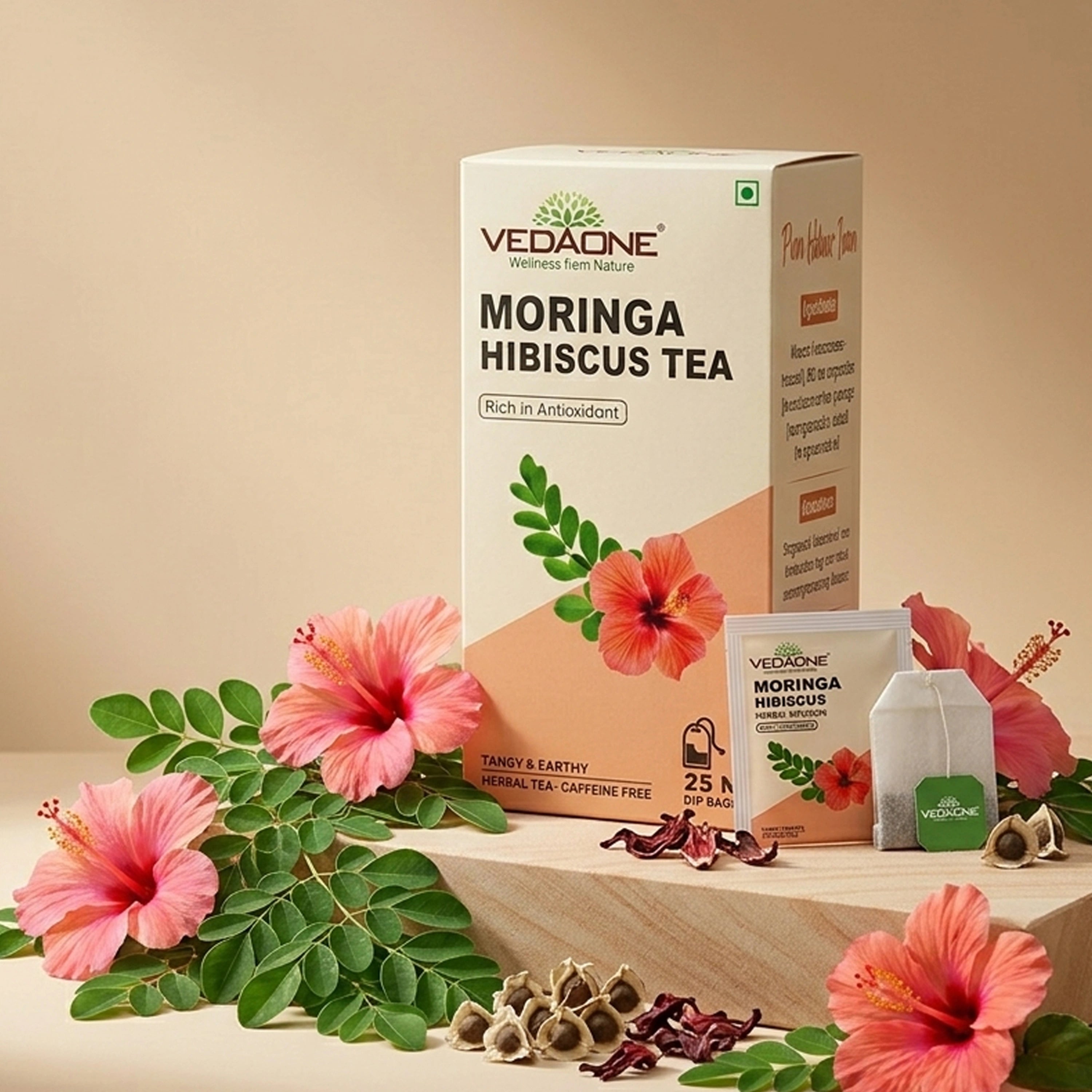 Vedaone Moringa Hibiscus Tea – 25 Dip Bags | A Herbal Infusion Rich in Natural Antioxidants