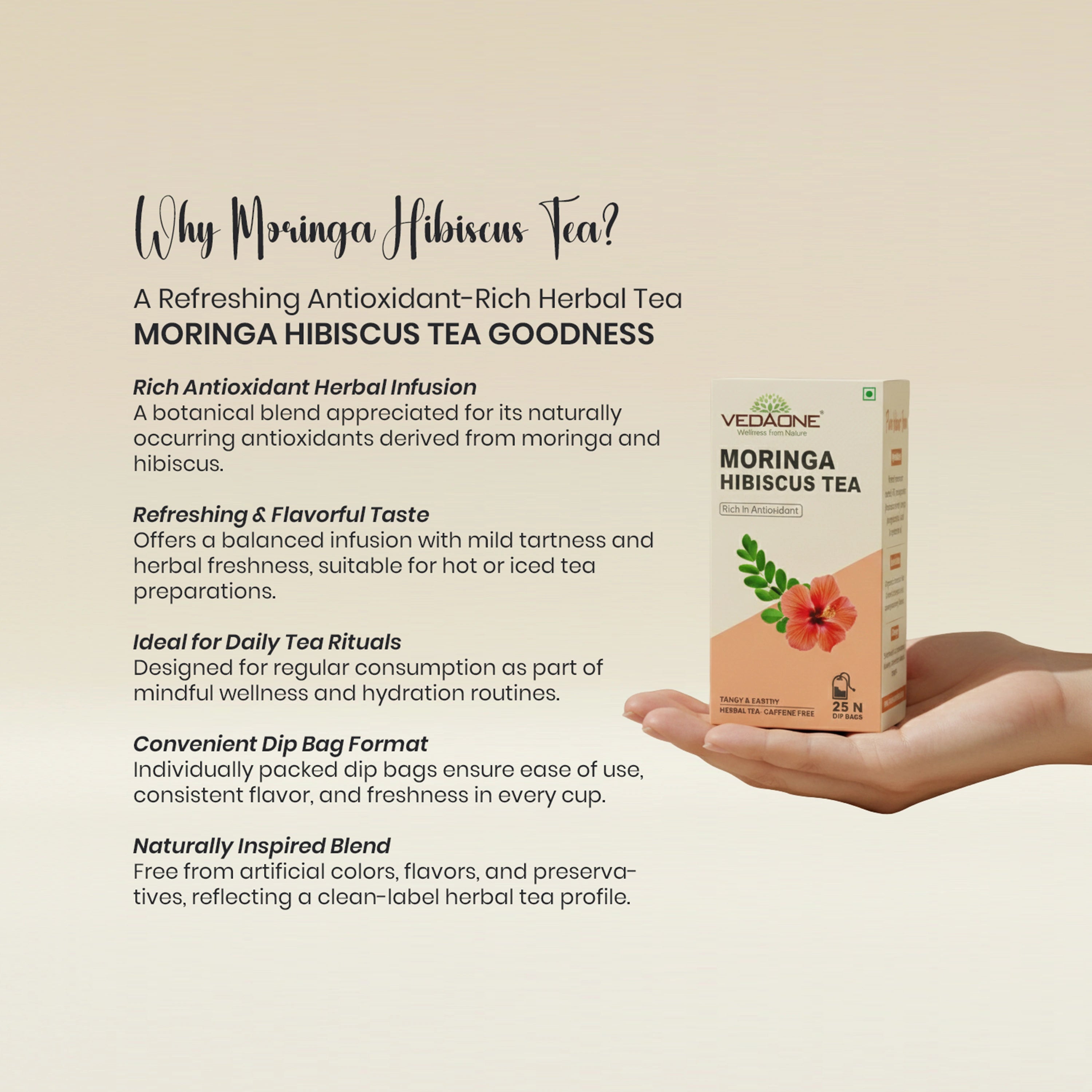 Vedaone Moringa Hibiscus Tea – 25 Dip Bags | A Herbal Infusion Rich in Natural Antioxidants