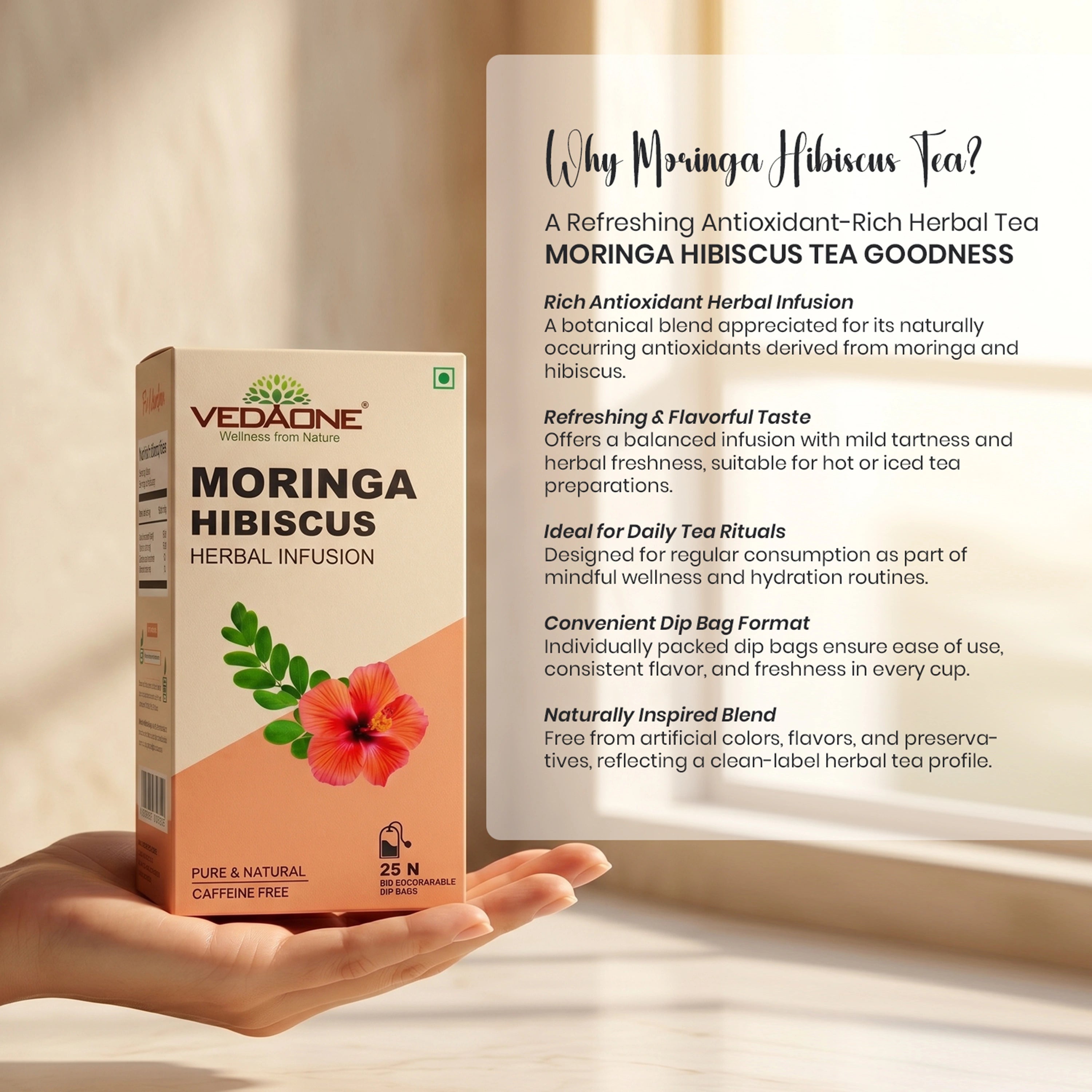 Vedaone Moringa Hibiscus Tea – 25 Dip Bags | A Herbal Infusion Rich in Natural Antioxidants
