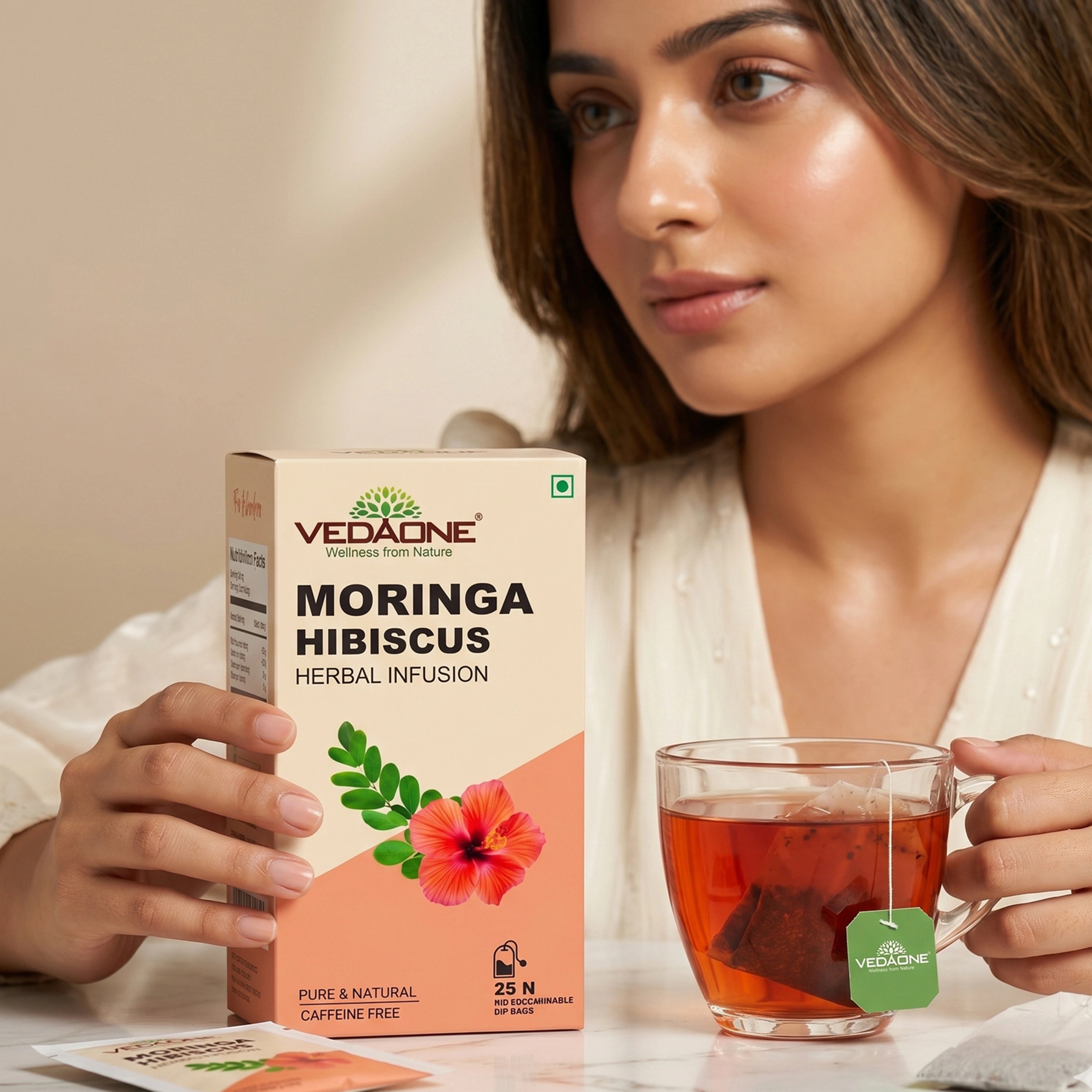 Vedaone Moringa Hibiscus Tea – 25 Dip Bags | A Herbal Infusion Rich in Natural Antioxidants
