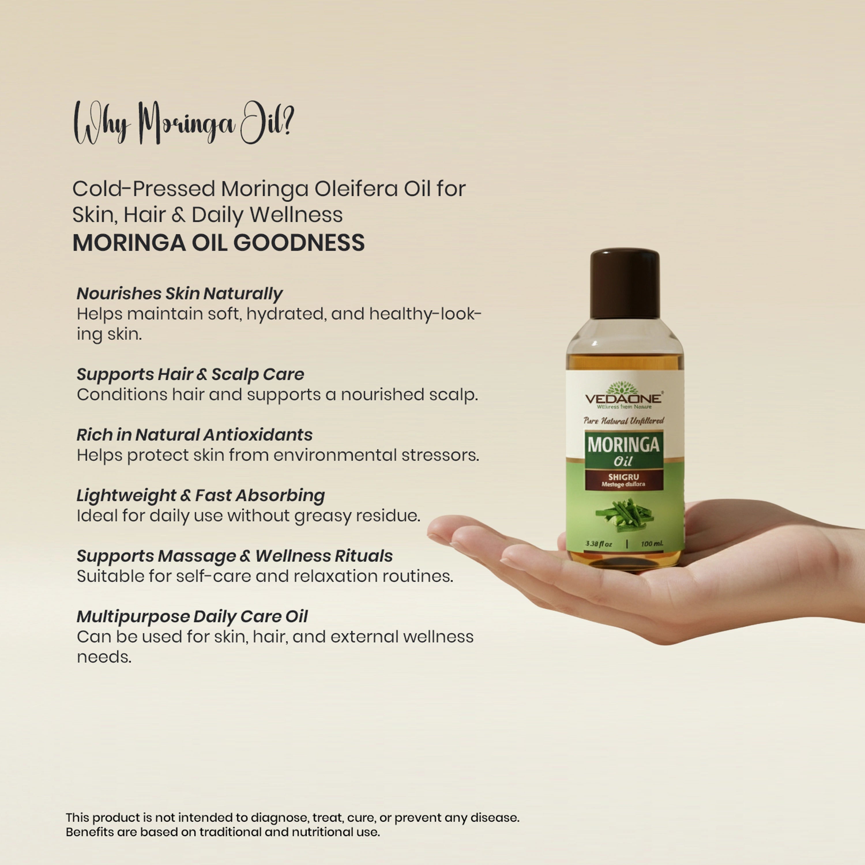 Vedaone Moringa Oil 100 ml | Cold-Pressed Moringa Oleifera Oil for Skin, Hair & Daily Wellness