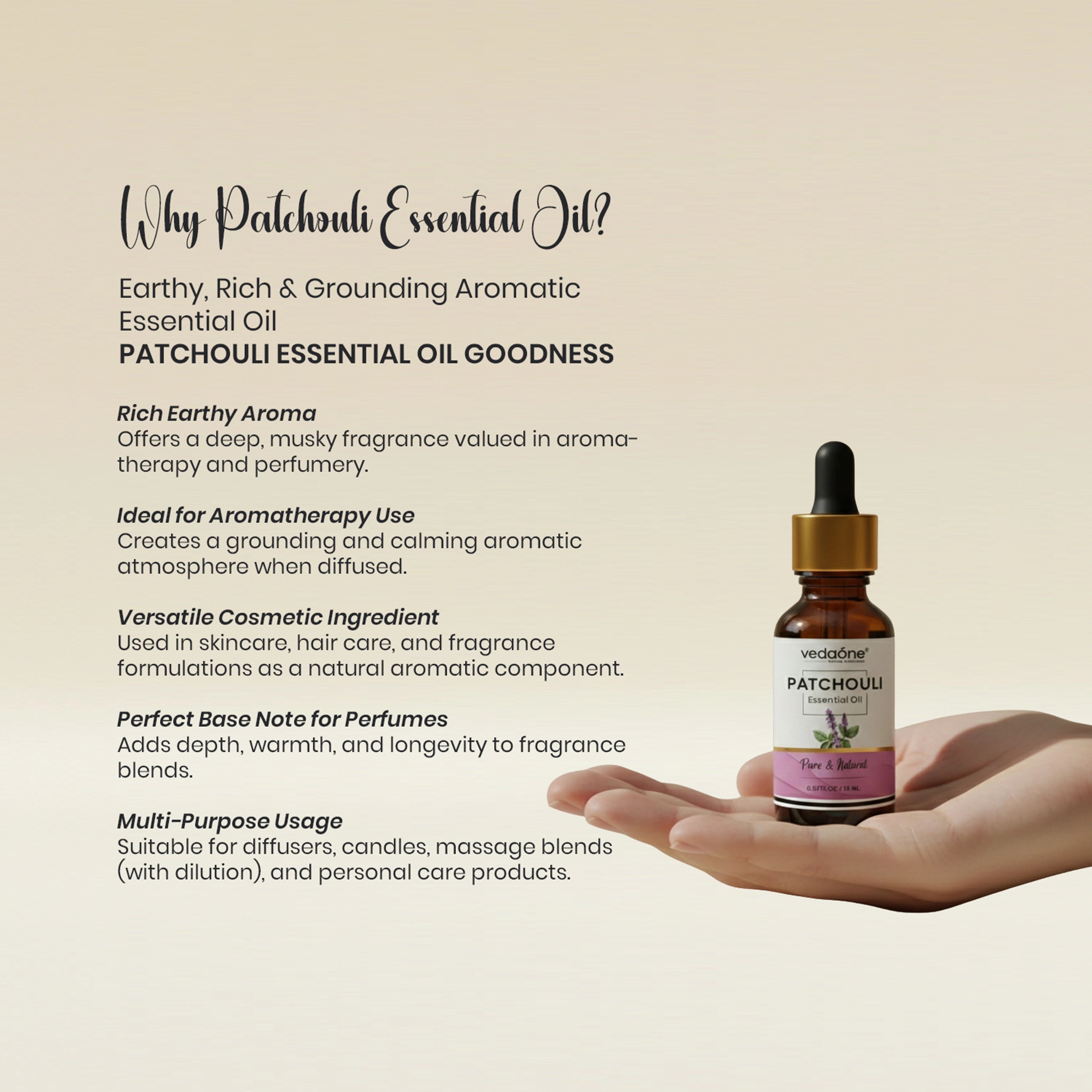 Vedaone Patchouli Essential Oil 15 ml | Pure Aromatic Oil for Aromatherapy & Cosmetic Use