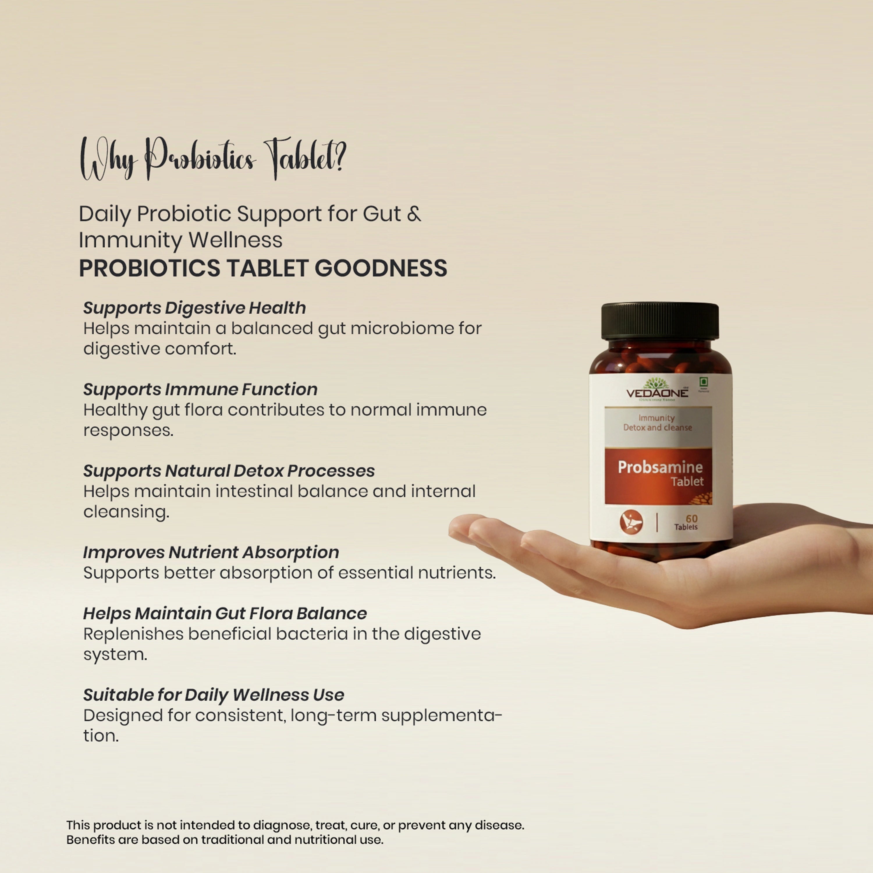 Vedaone Probiotics Tablets 60 Tablets | 15 Billion CFU for Gut Balance, Immunity & Digestive Wellness