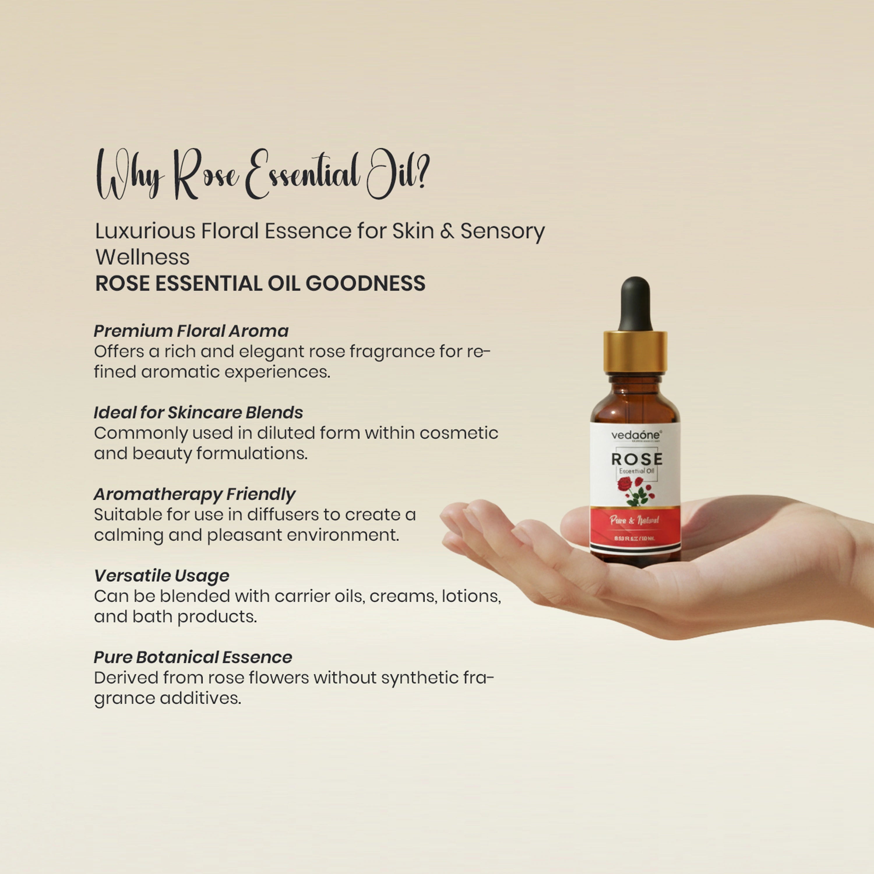 Vedaone Rose Essential Oil 15 ml | Pure Aromatic Oil for Skincare & Aromatherapy