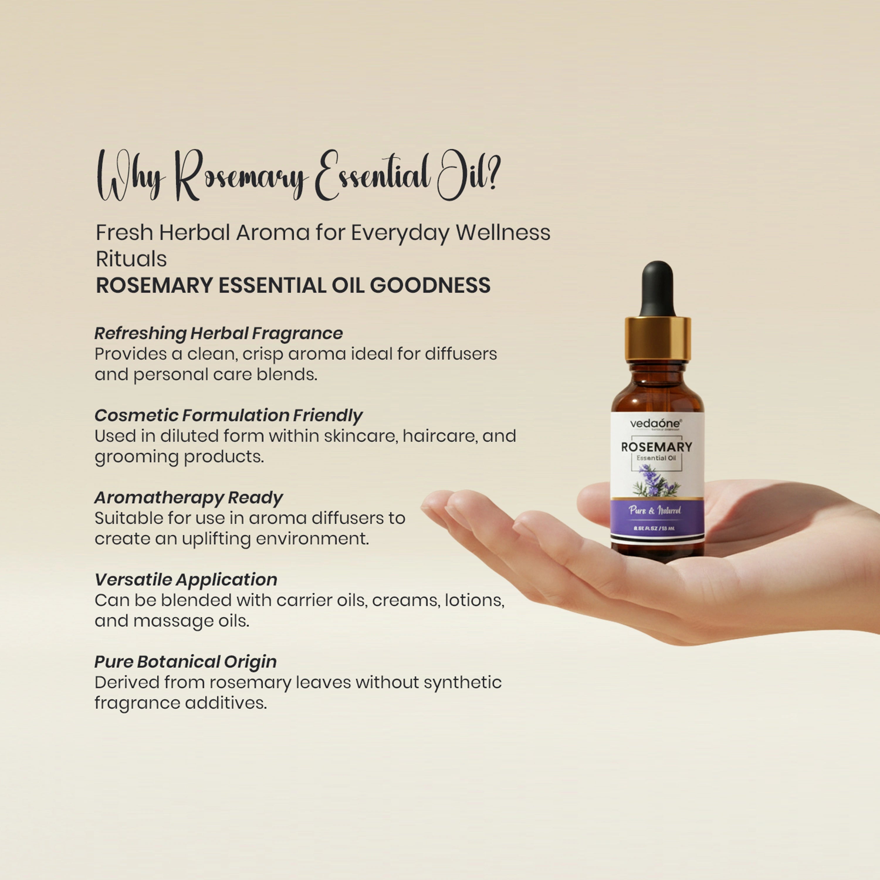 Vedaone Rosemary Essential Oil 15 ml | Pure Botanical Oil for Aromatherapy & Cosmetic Use