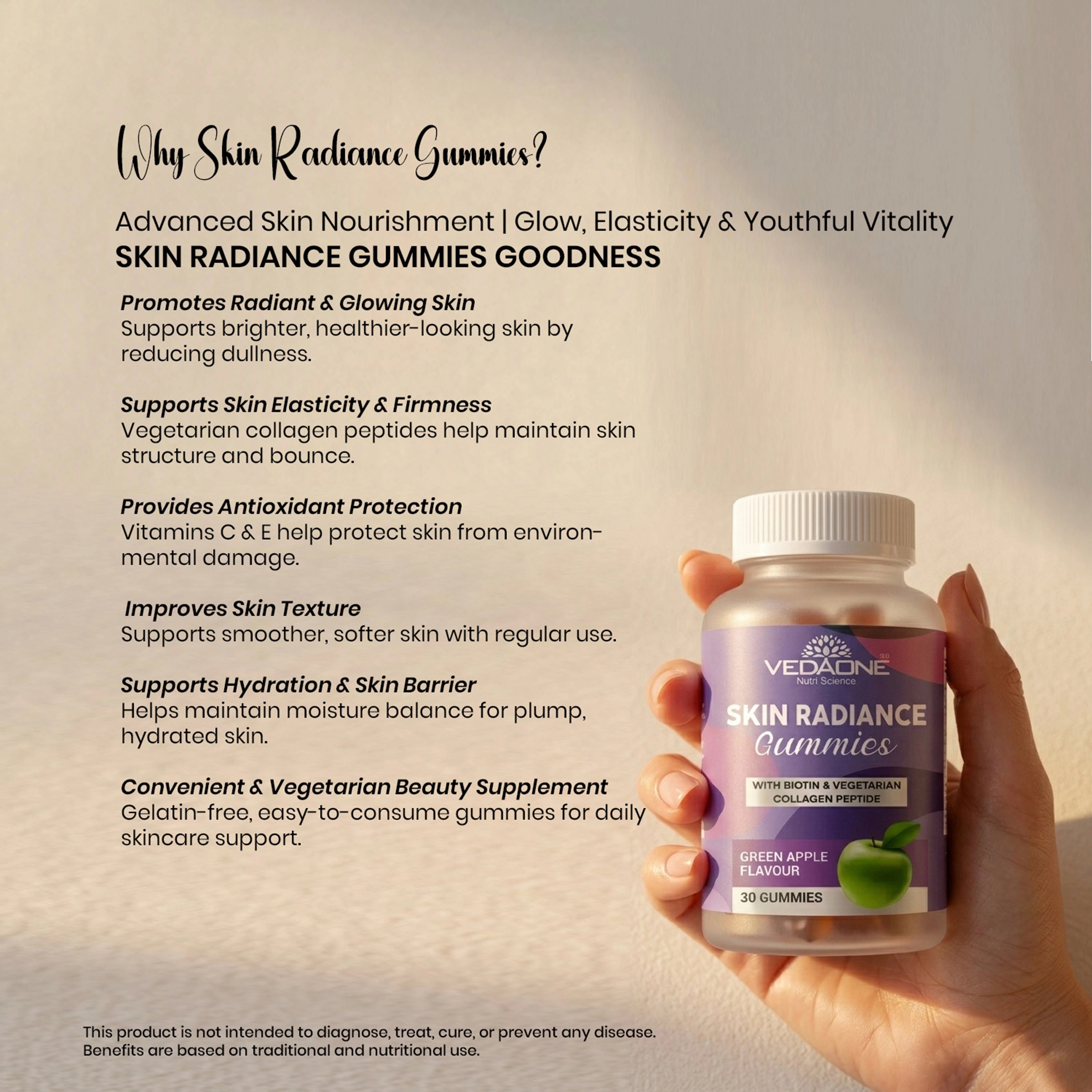 Vedaone Skin Radiance Gummies – 30 Gummies | Advanced Skin Nourishment | Glow, Elasticity & Skin Nourishment