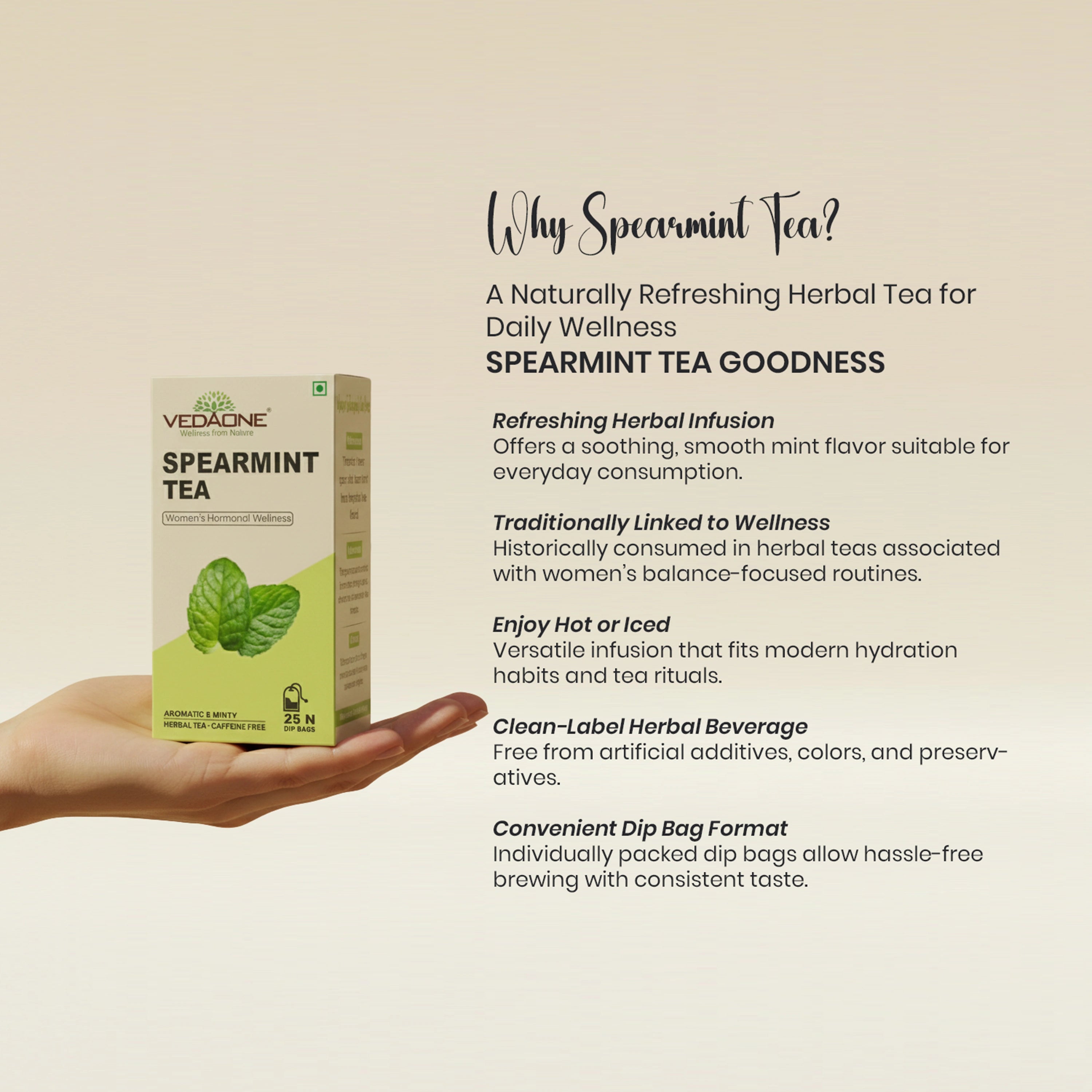 Vedaone Spearmint Tea — 25 Dip Bags | Refreshing Herbal Infusion Inspired by Women’s Wellness