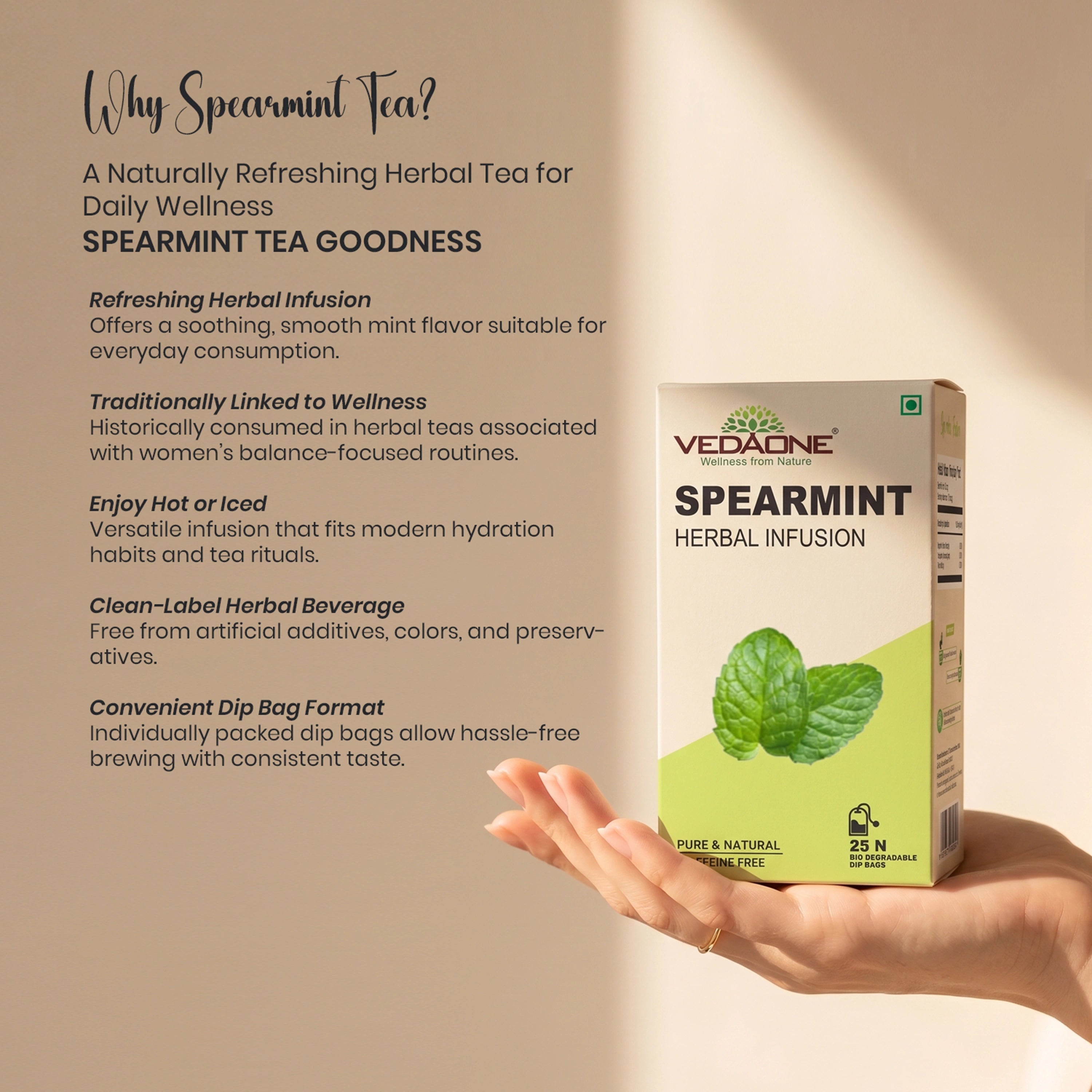 Vedaone Spearmint Tea — 25 Dip Bags | Refreshing Herbal Infusion Inspired by Women’s Wellness
