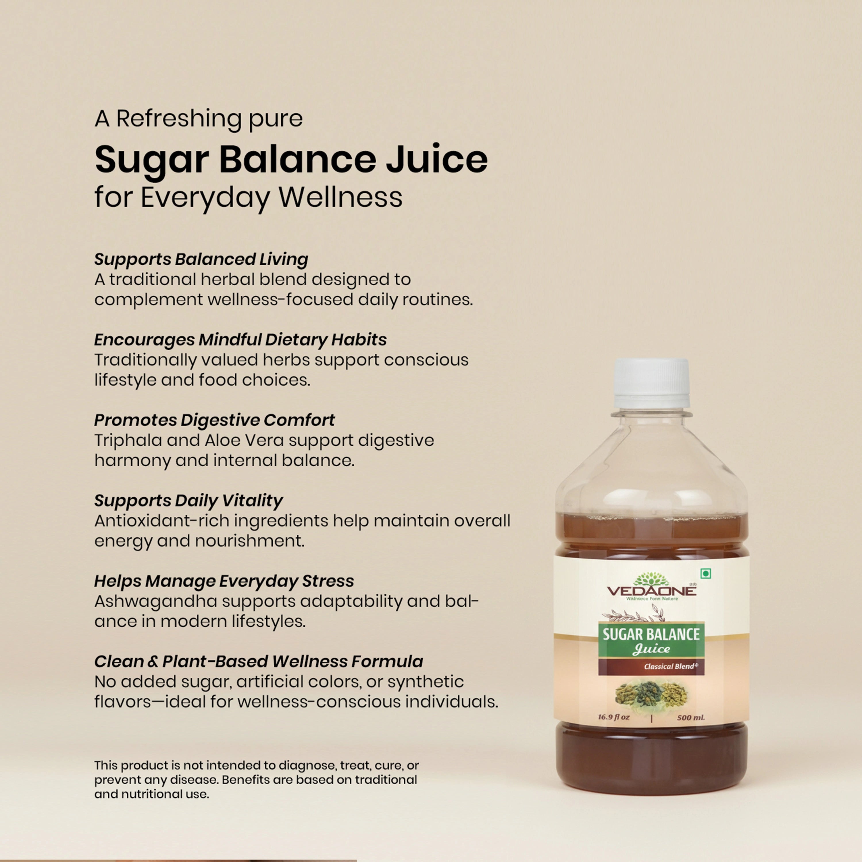Vedaone Sugar Balance Juice 500ml – Herbal Wellness Blend with Karela, Jamun, Triphala, Aloe Vera & Gudmar