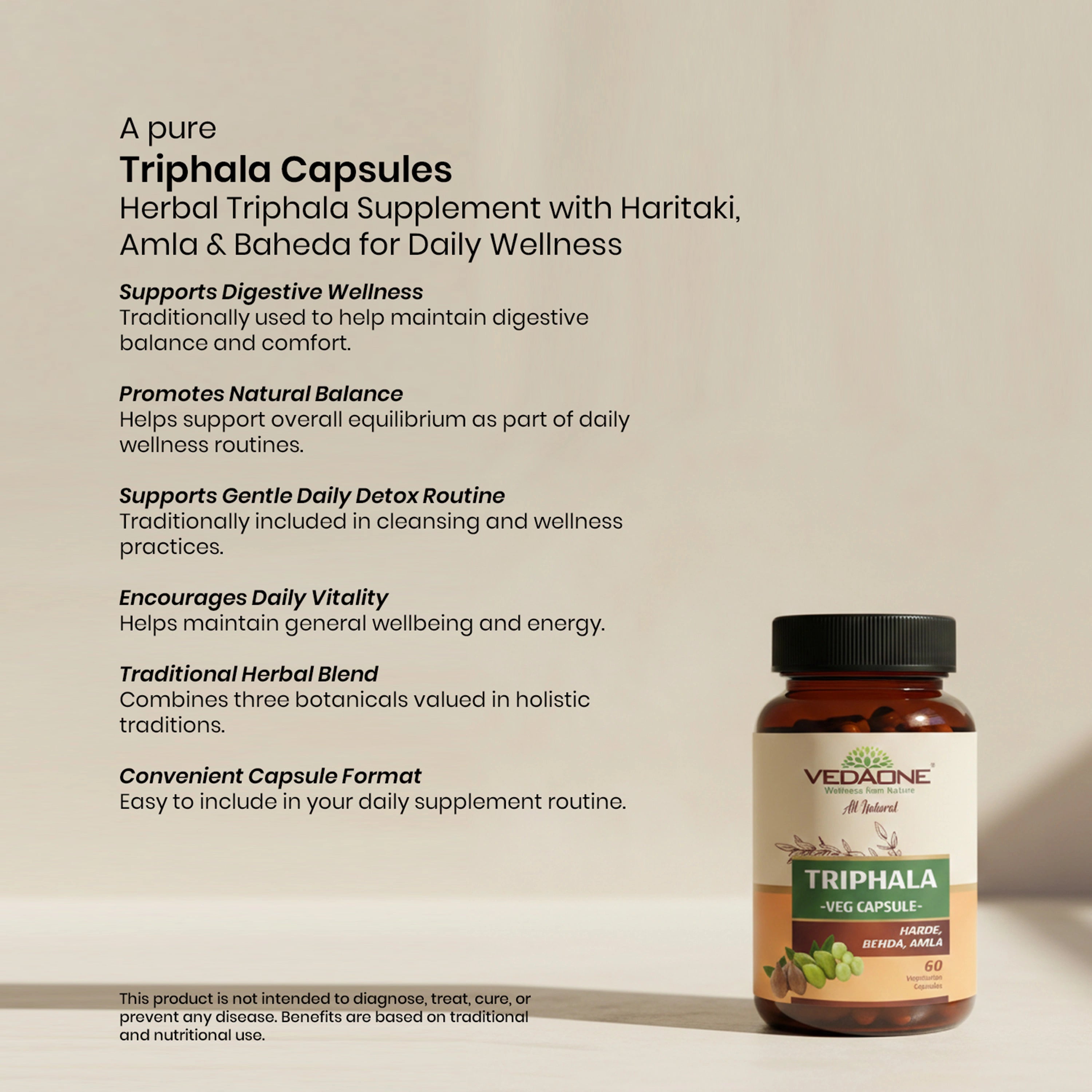 Vedaone Triphala Capsules 60 Capsules – Herbal Triphala Supplement with Haritaki, Amla & Baheda for Daily Wellness