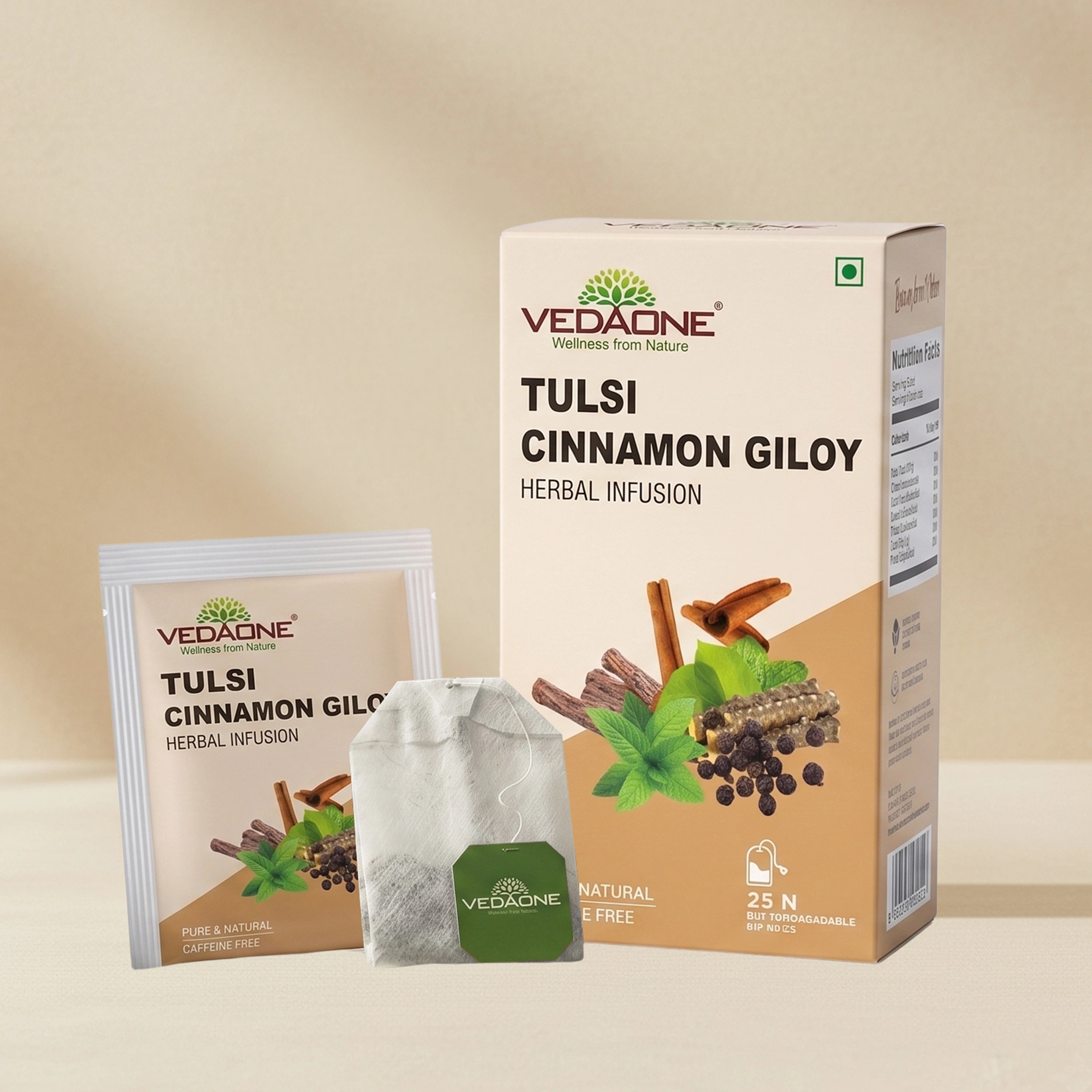 Vedaone Tulsi Cinnamon Giloy Herbal Infusion Tea – 25 Dip Bags | Daily Immune Wellness