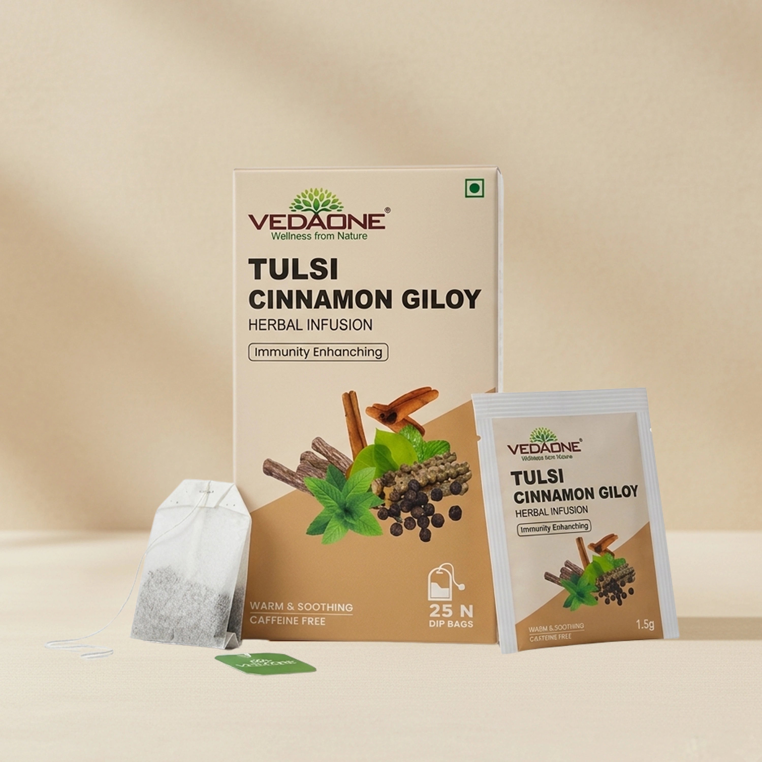 Vedaone Tulsi Cinnamon Giloy Herbal Infusion Tea – 25 Dip Bags | Daily Immune Wellness