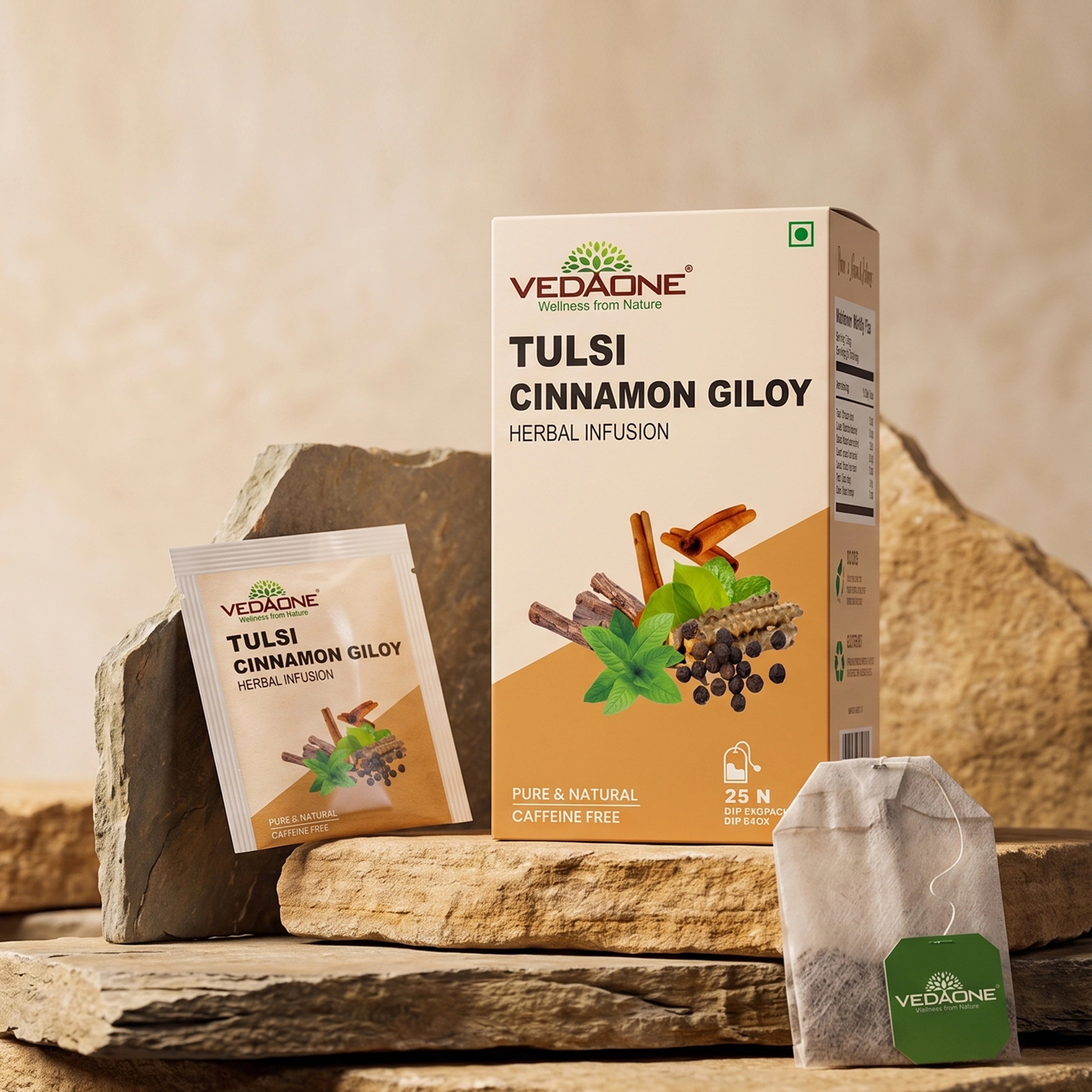 Vedaone Tulsi Cinnamon Giloy Herbal Infusion Tea – 25 Dip Bags | Daily Immune Wellness