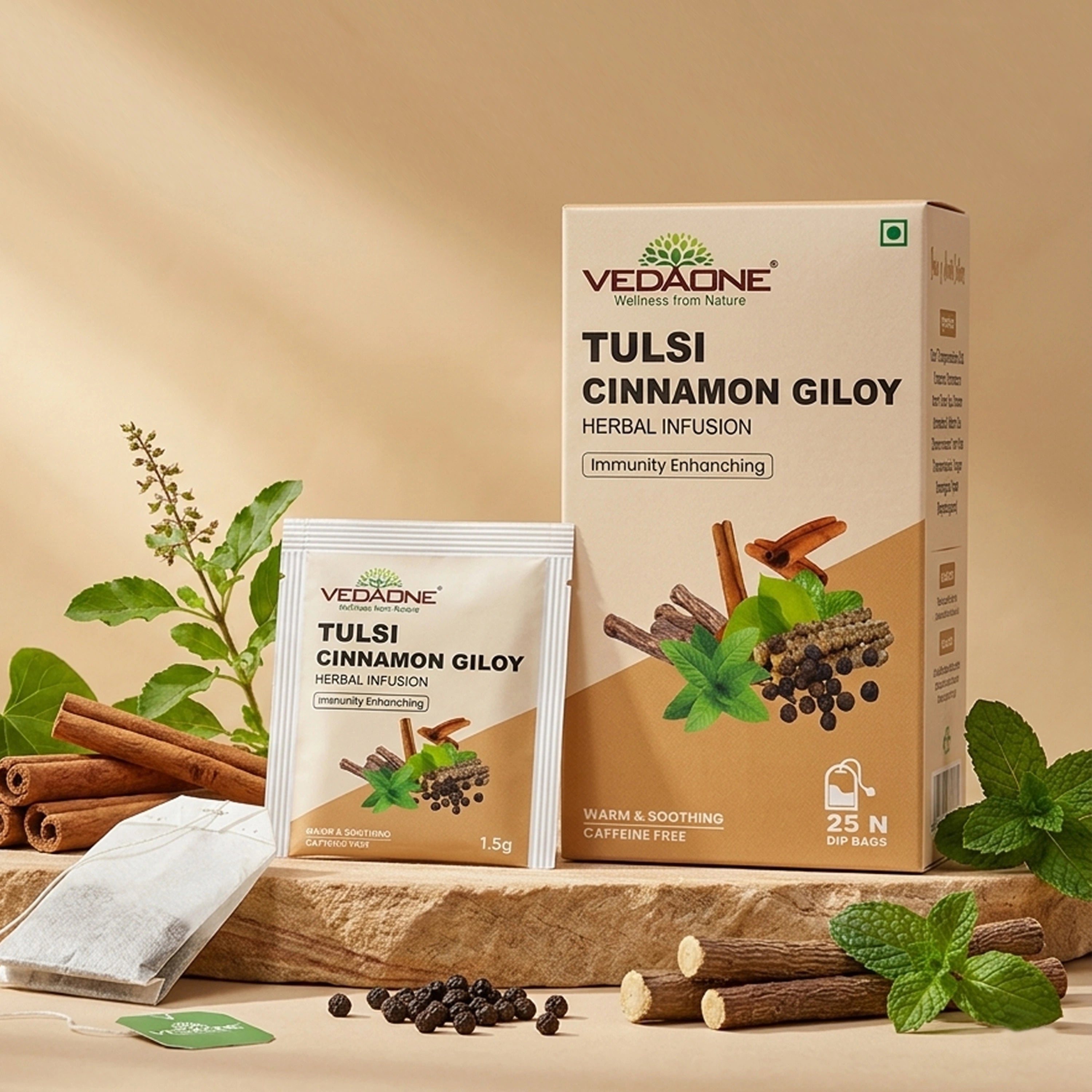 Vedaone Tulsi Cinnamon Giloy Herbal Infusion Tea – 25 Dip Bags | Daily Immune Wellness