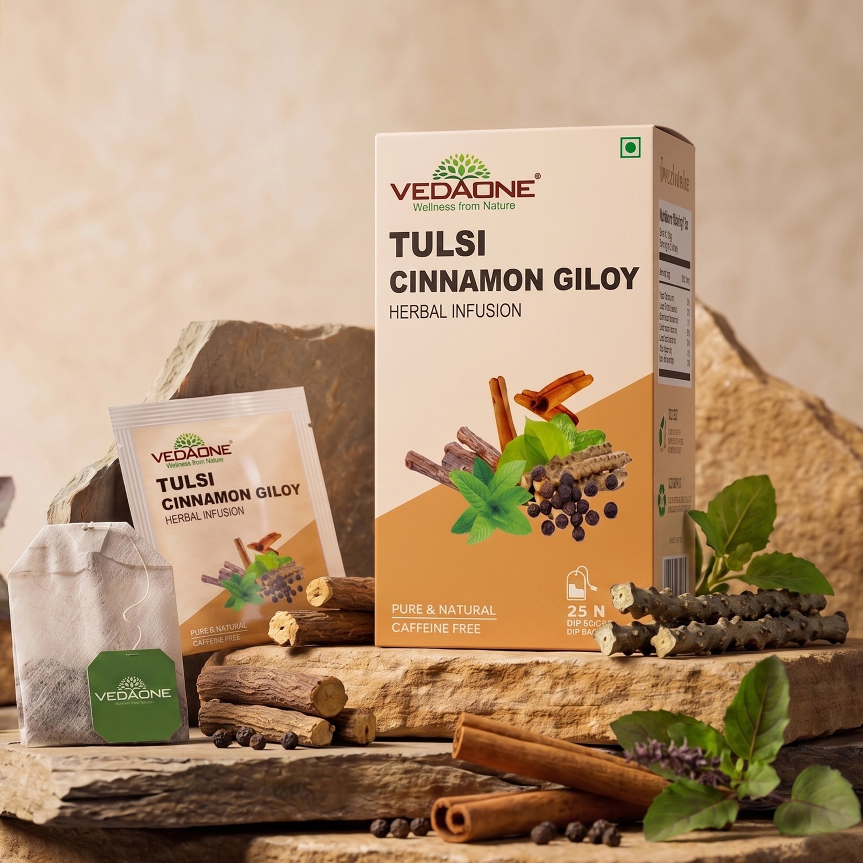 Vedaone Tulsi Cinnamon Giloy Herbal Infusion Tea – 25 Dip Bags | Daily Immune Wellness