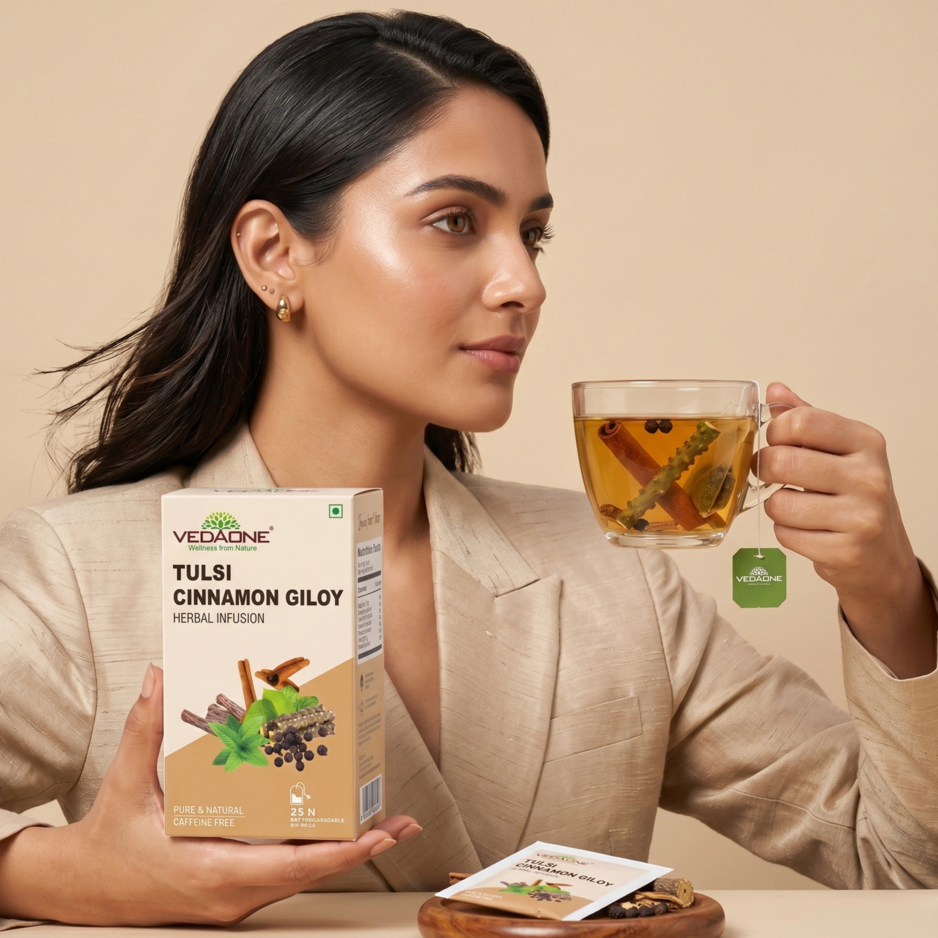 Vedaone Tulsi Cinnamon Giloy Herbal Infusion Tea – 25 Dip Bags | Daily Immune Wellness
