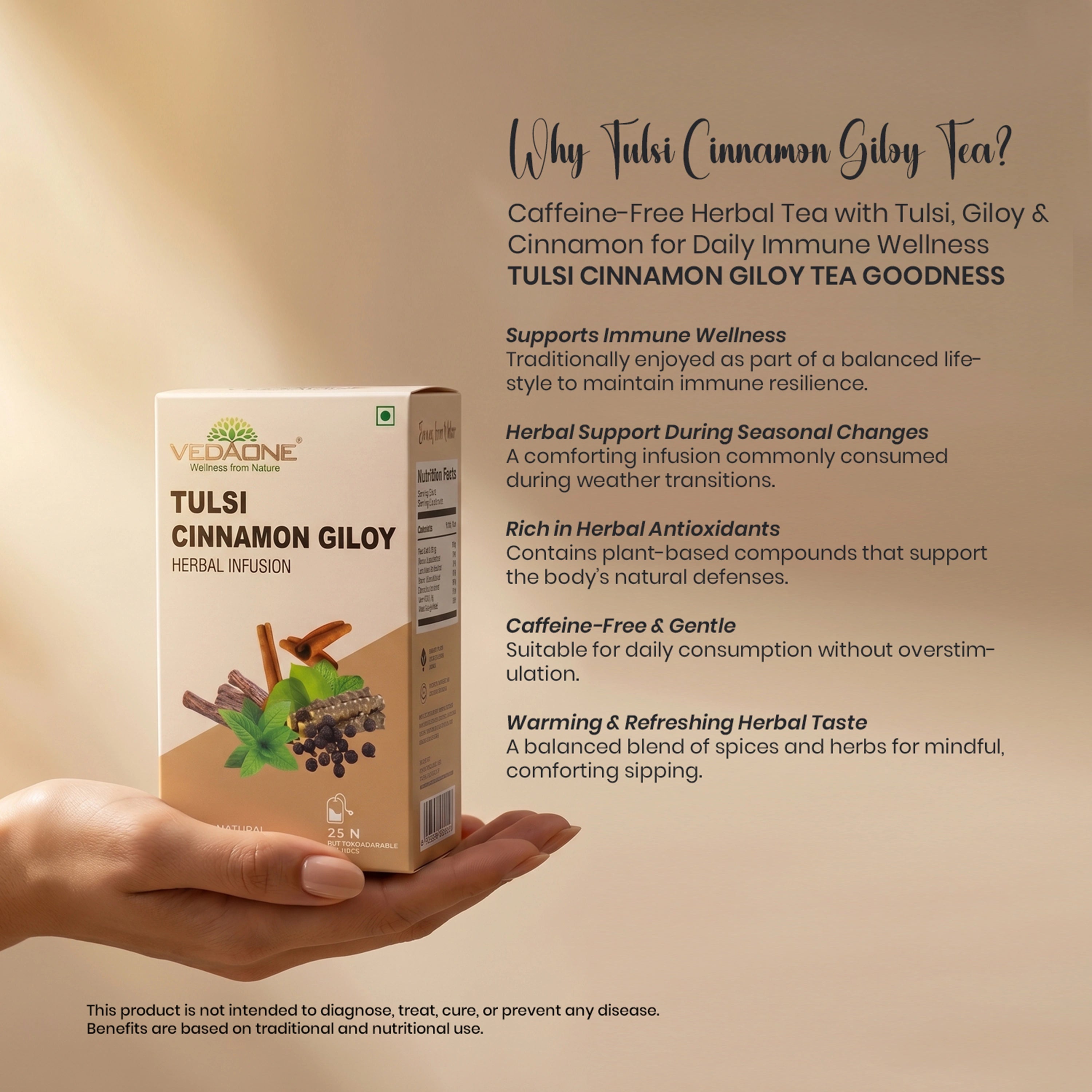 Vedaone Tulsi Cinnamon Giloy Herbal Infusion Tea – 25 Dip Bags | Daily Immune Wellness