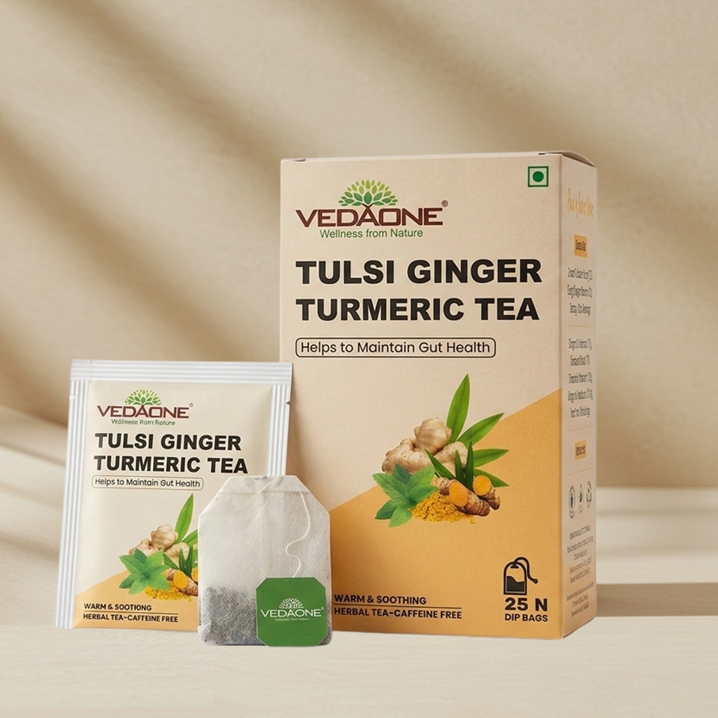 Vedaone Tulsi Ginger Turmeric Tea — 25 Dip Bags | Traditional Herbal Blend Inspired by Digestive Wellness
