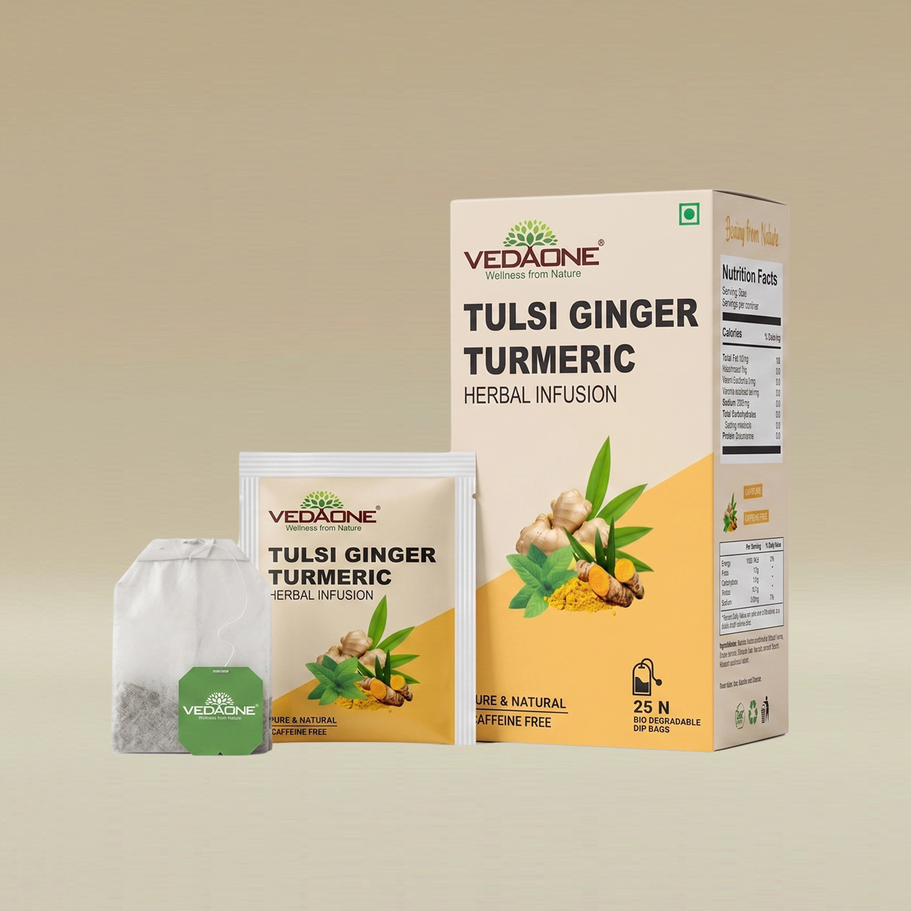 Vedaone Tulsi Ginger Turmeric Tea — 25 Dip Bags | Traditional Herbal Blend Inspired by Digestive Wellness