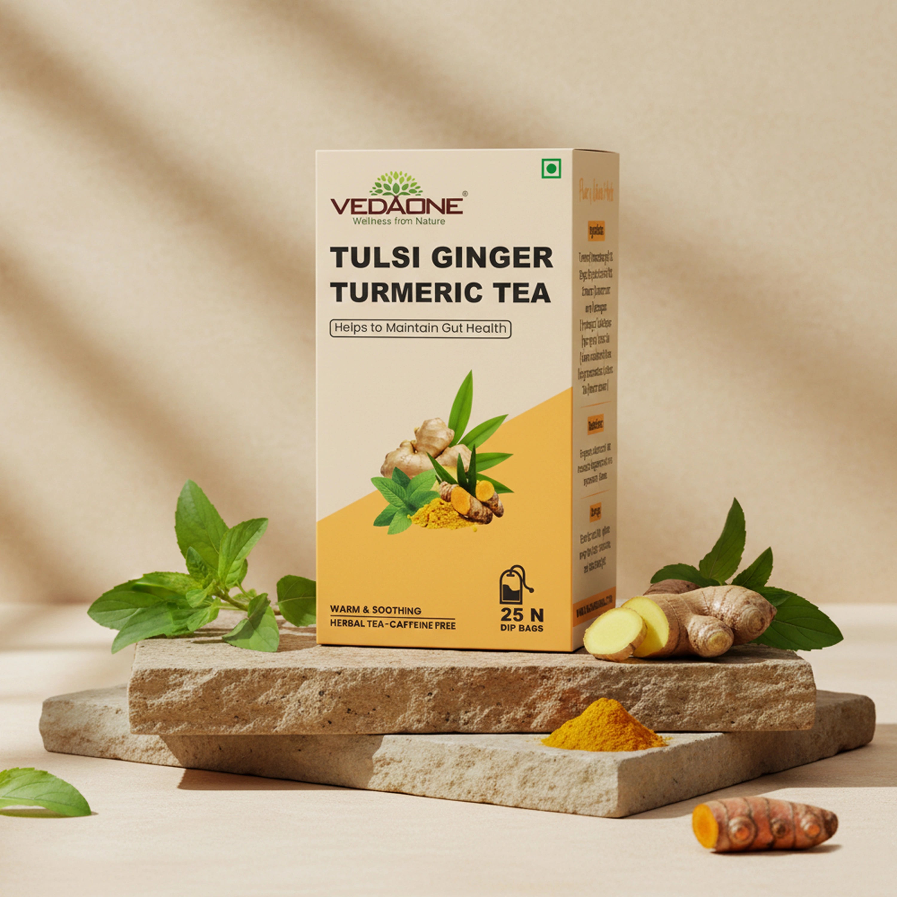 Vedaone Tulsi Ginger Turmeric Tea — 25 Dip Bags | Traditional Herbal Blend Inspired by Digestive Wellness