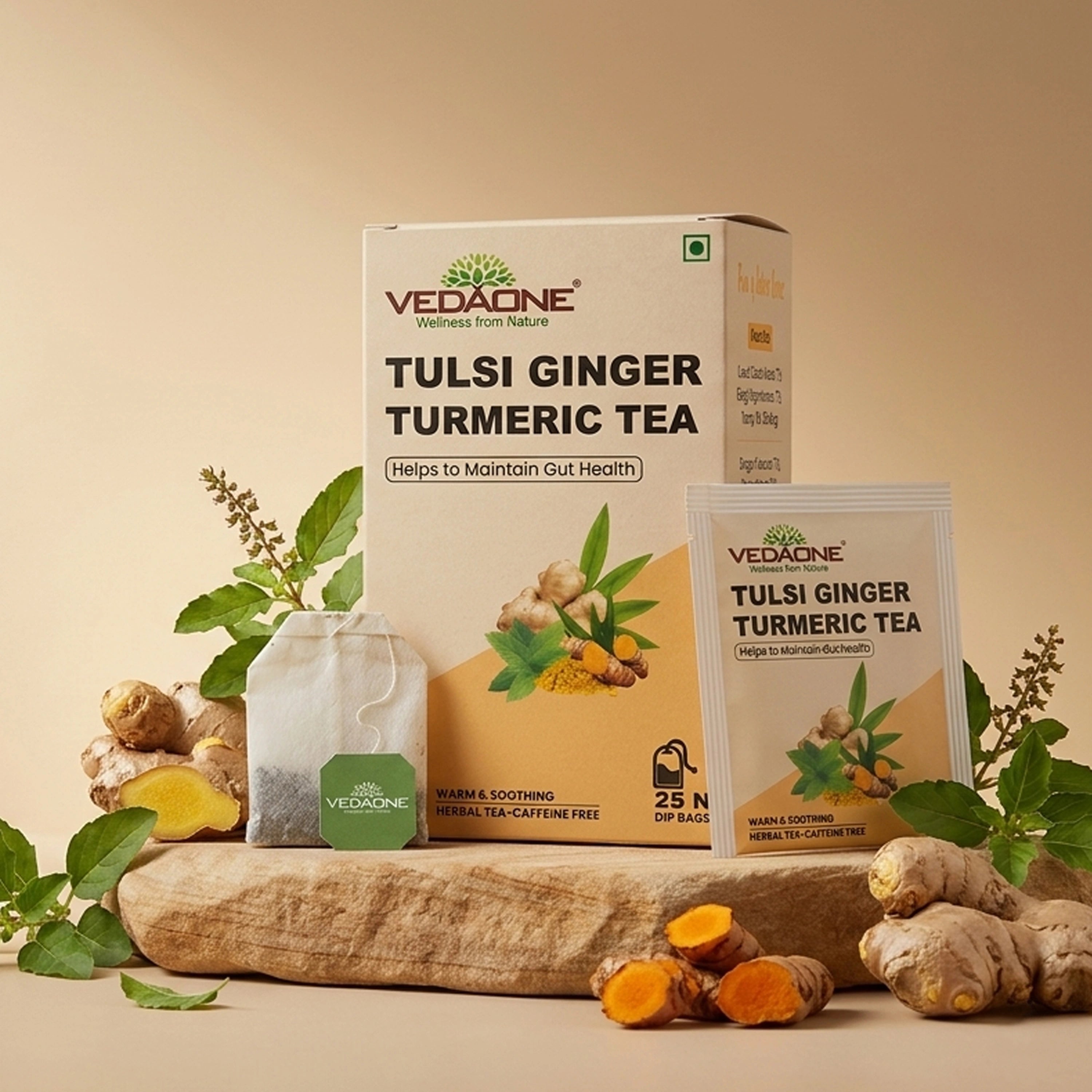 Vedaone Tulsi Ginger Turmeric Tea — 25 Dip Bags | Traditional Herbal Blend Inspired by Digestive Wellness