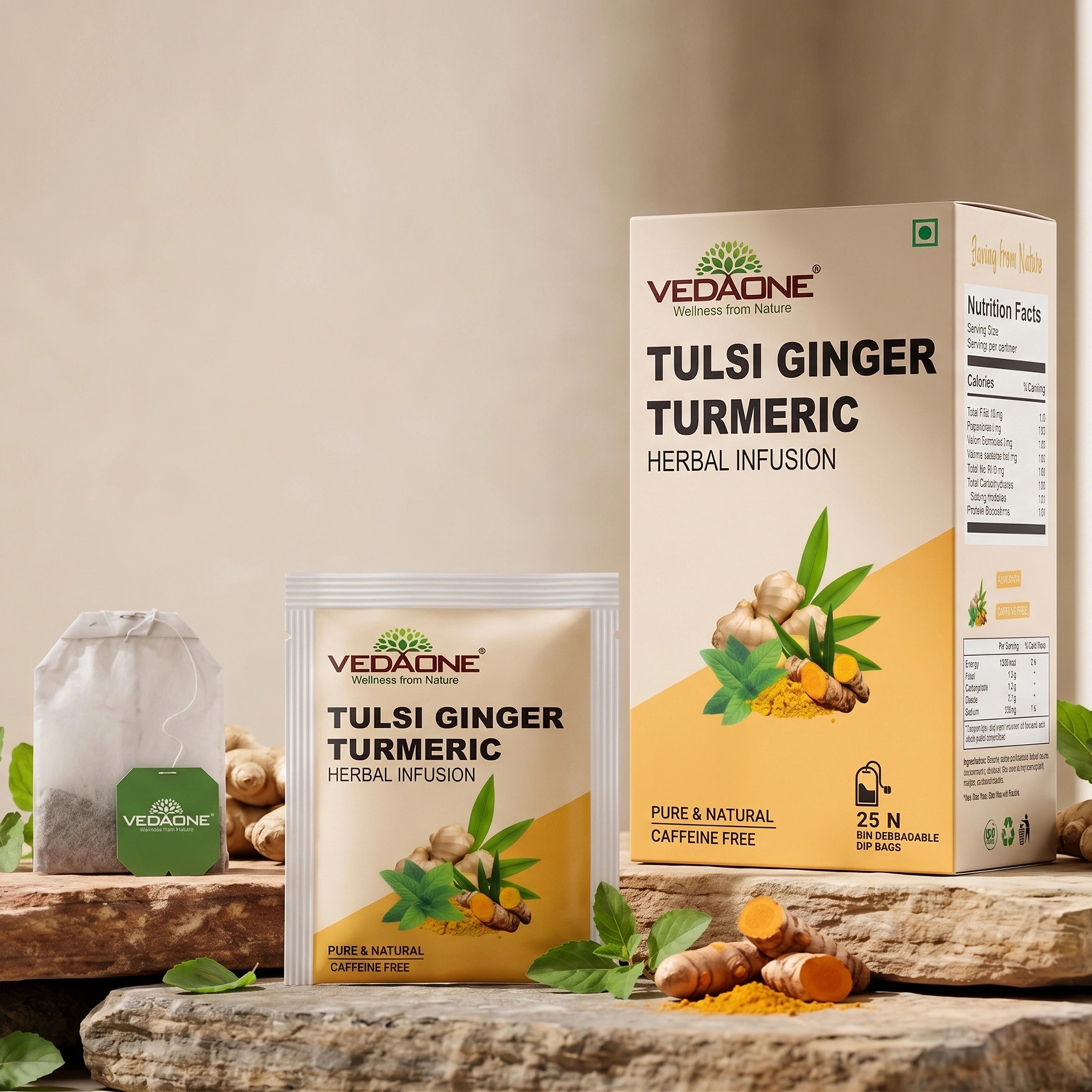 Vedaone Tulsi Ginger Turmeric Tea — 25 Dip Bags | Traditional Herbal Blend Inspired by Digestive Wellness