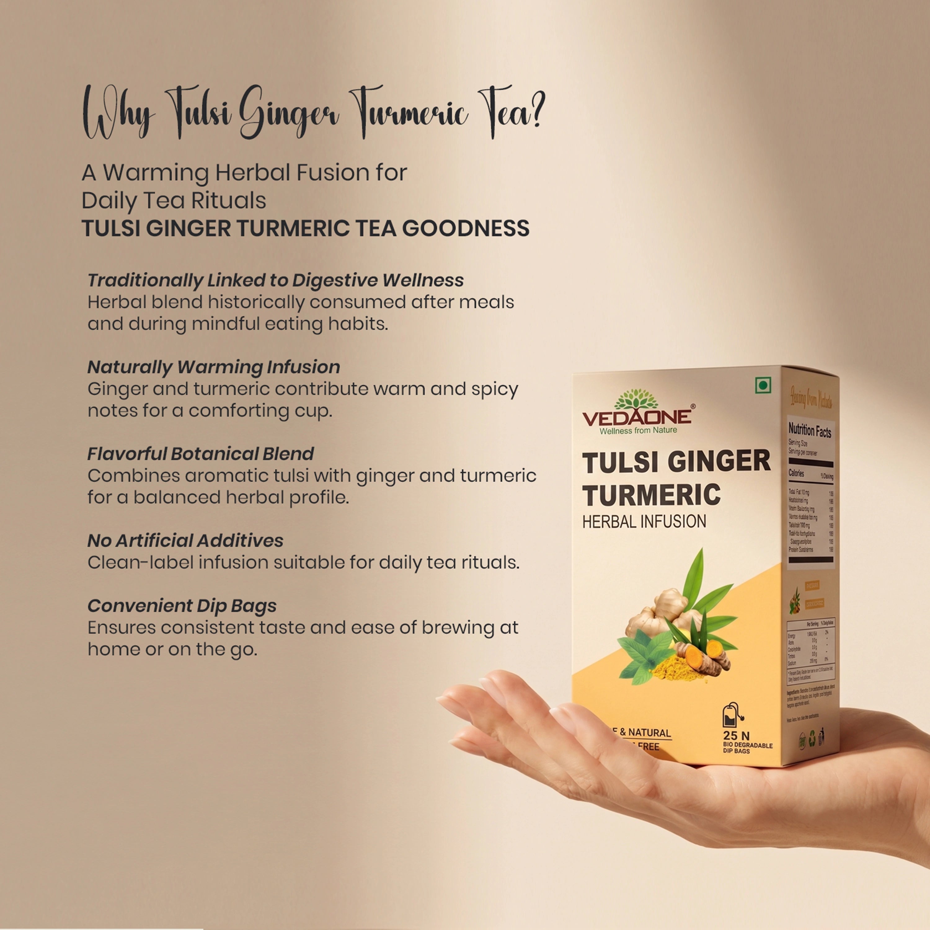 Vedaone Tulsi Ginger Turmeric Tea — 25 Dip Bags | Traditional Herbal Blend Inspired by Digestive Wellness
