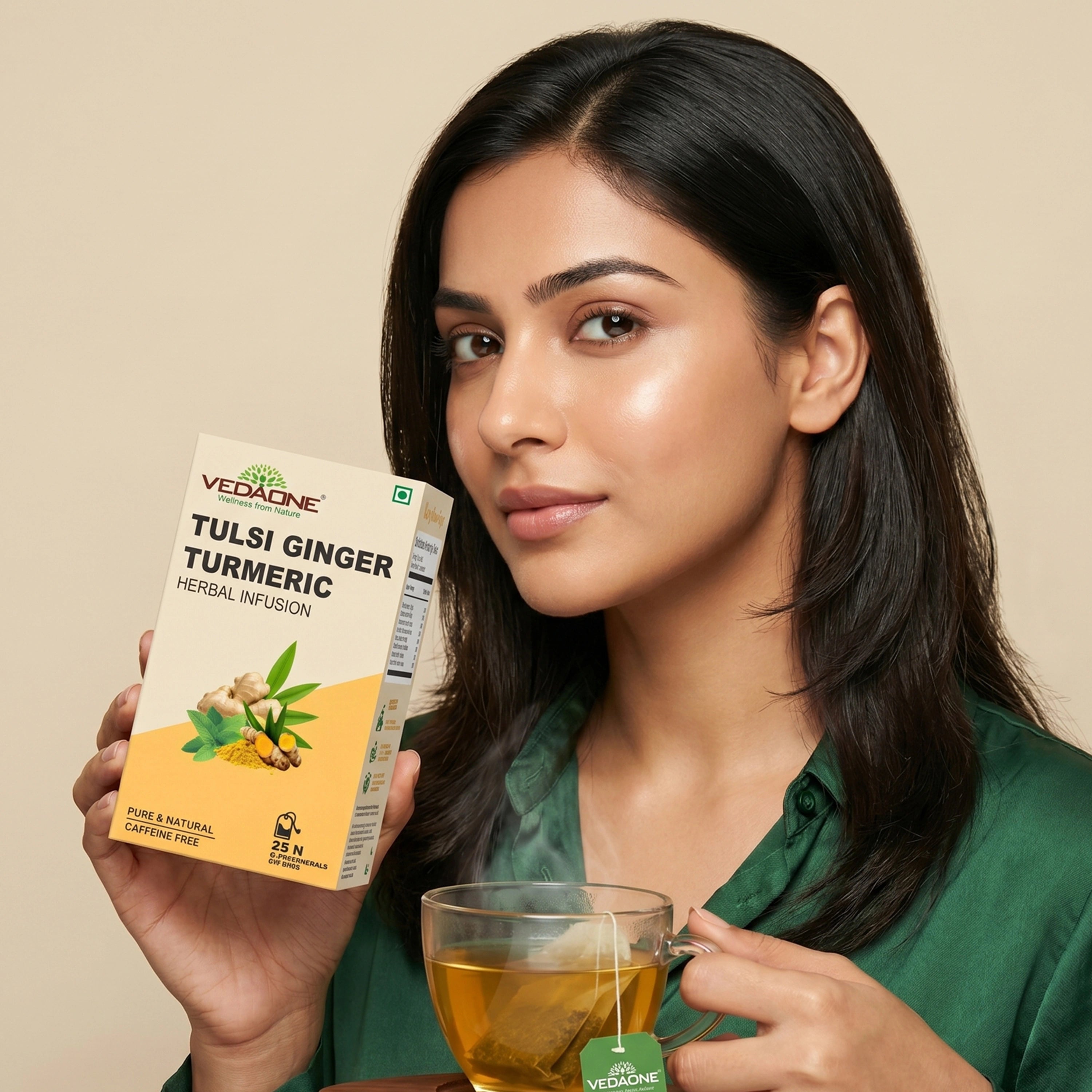 Vedaone Tulsi Ginger Turmeric Tea — 25 Dip Bags | Traditional Herbal Blend Inspired by Digestive Wellness