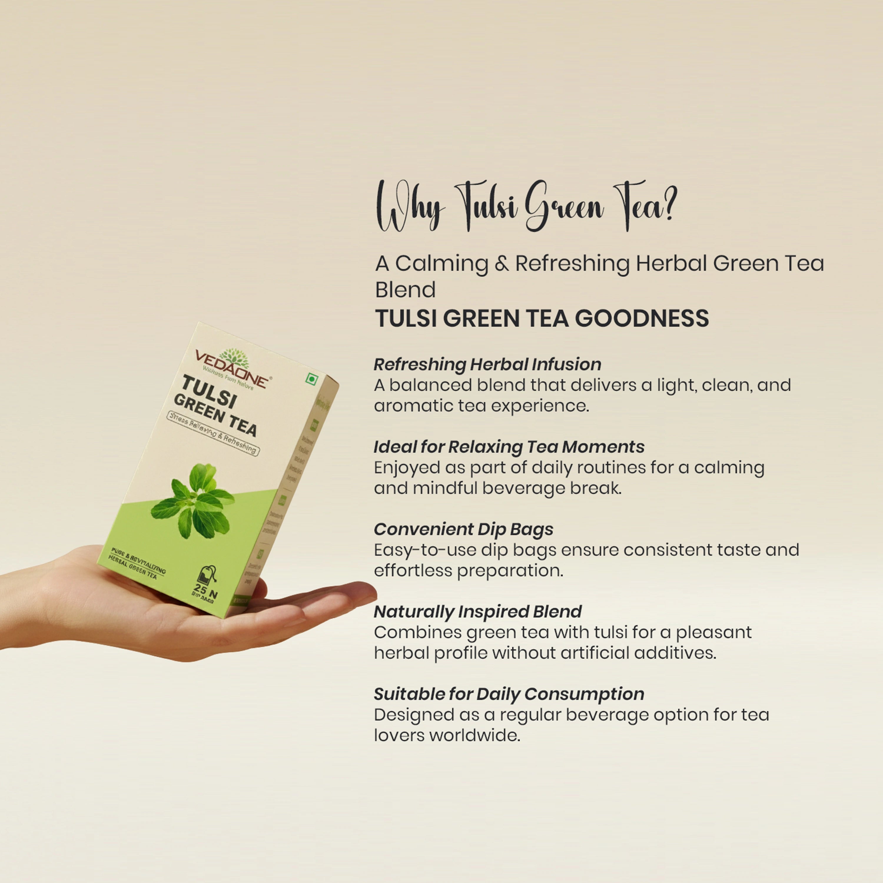 Vedaone Tulsi Green Tea – 25 Dip Bags (Tulsi Infused Green Tea)