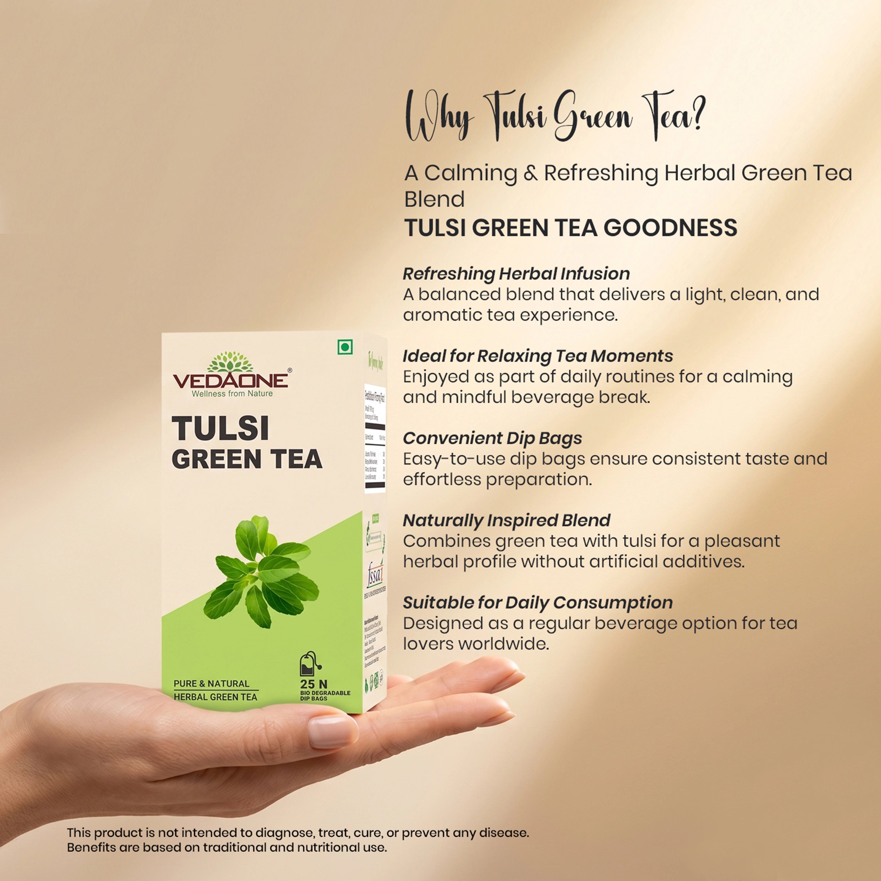 Vedaone Tulsi Green Tea – 25 Dip Bags (Tulsi Infused Green Tea)