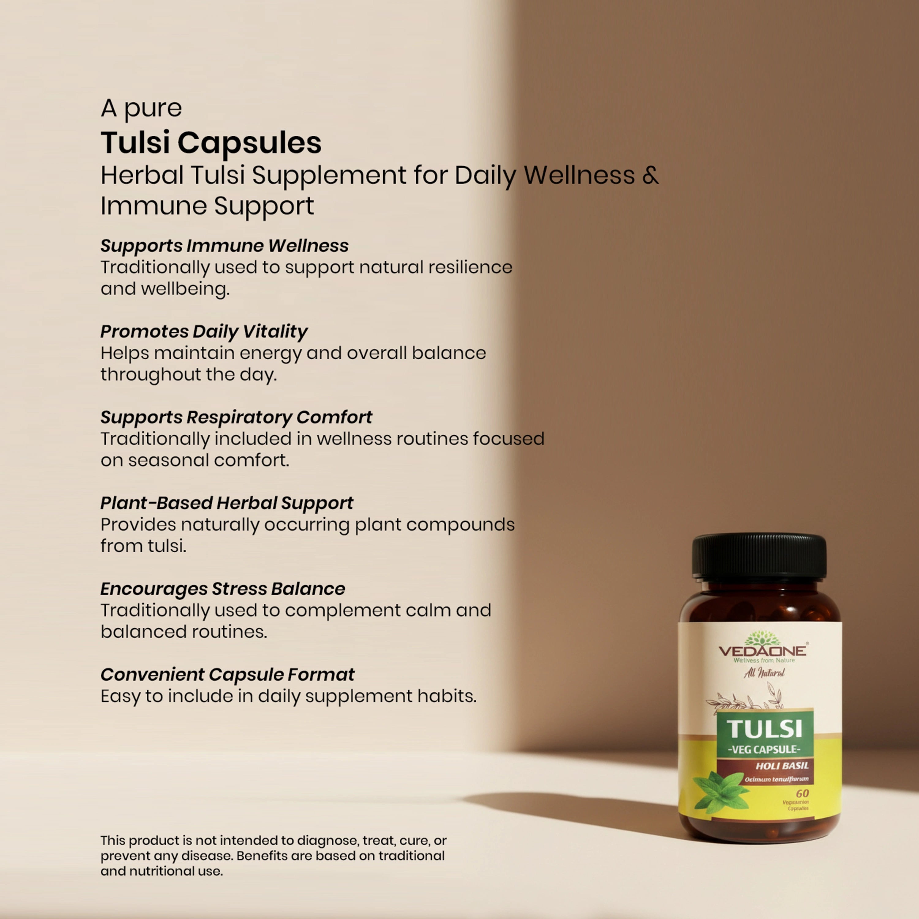 Vedaone Tulsi Capsules 60 Capsules – Herbal Tulsi Supplement for Daily Wellness & Immune Support