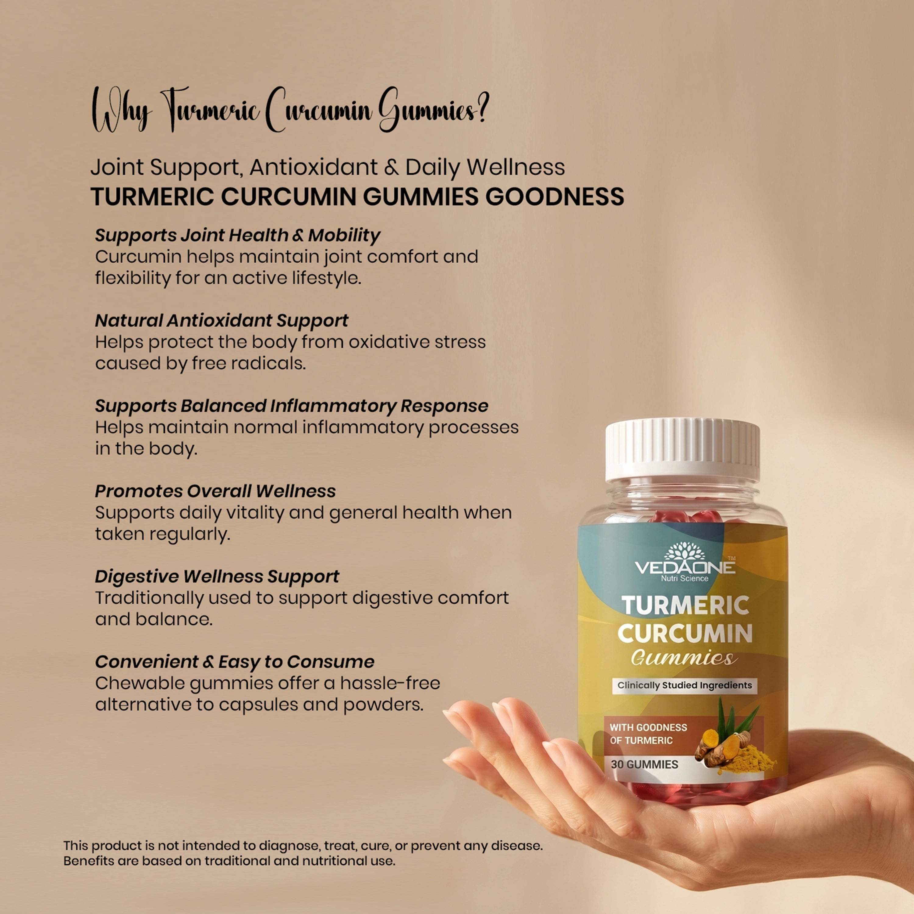 Vedaone Turmeric Curcumin Gummies – 30 Gummies | Joint Support, Antioxidant & Daily Wellness