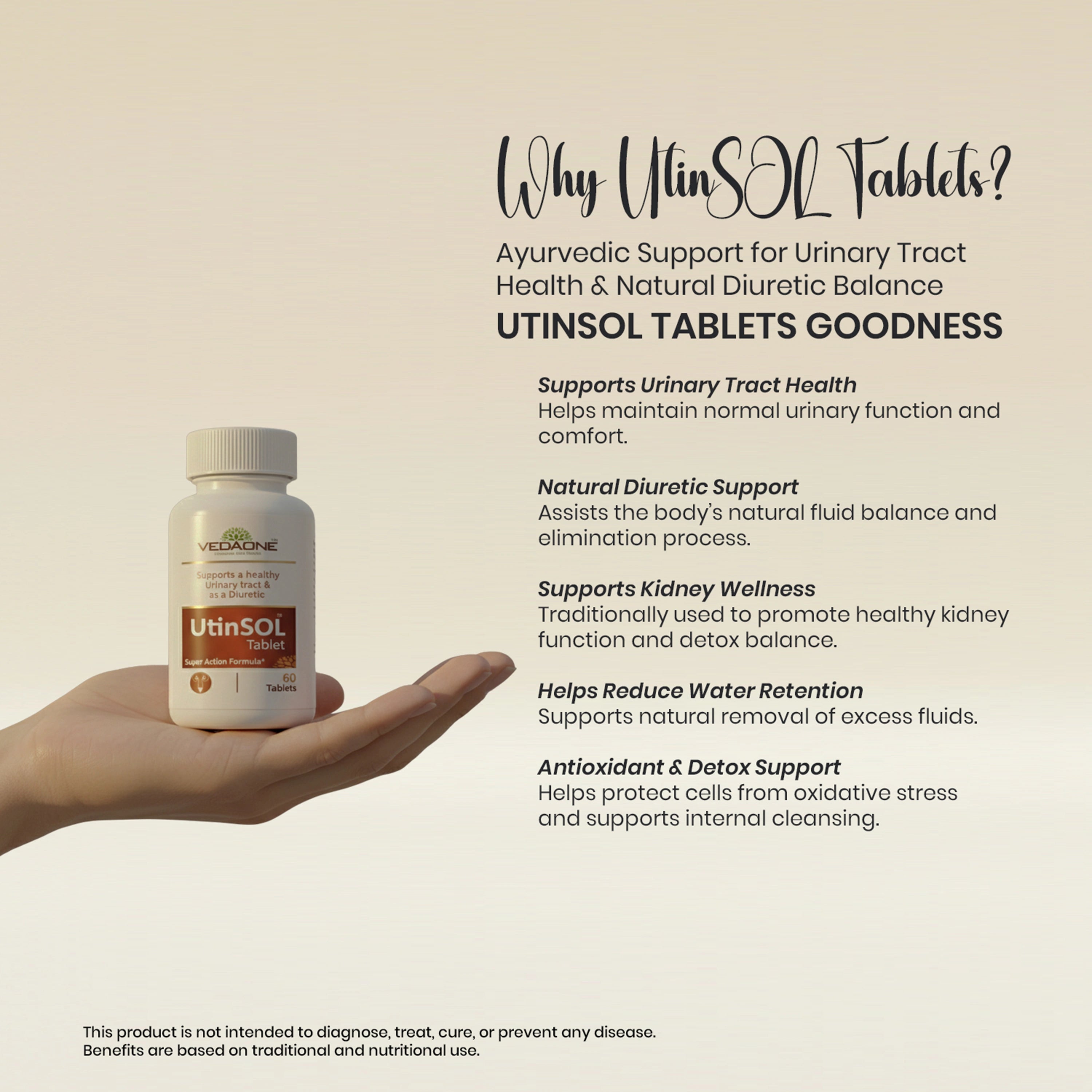 Vedaone UtinSOL Tablets 60 Tablets | Ayurvedic Support for Urinary Tract Health & Natural Diuretic Balance