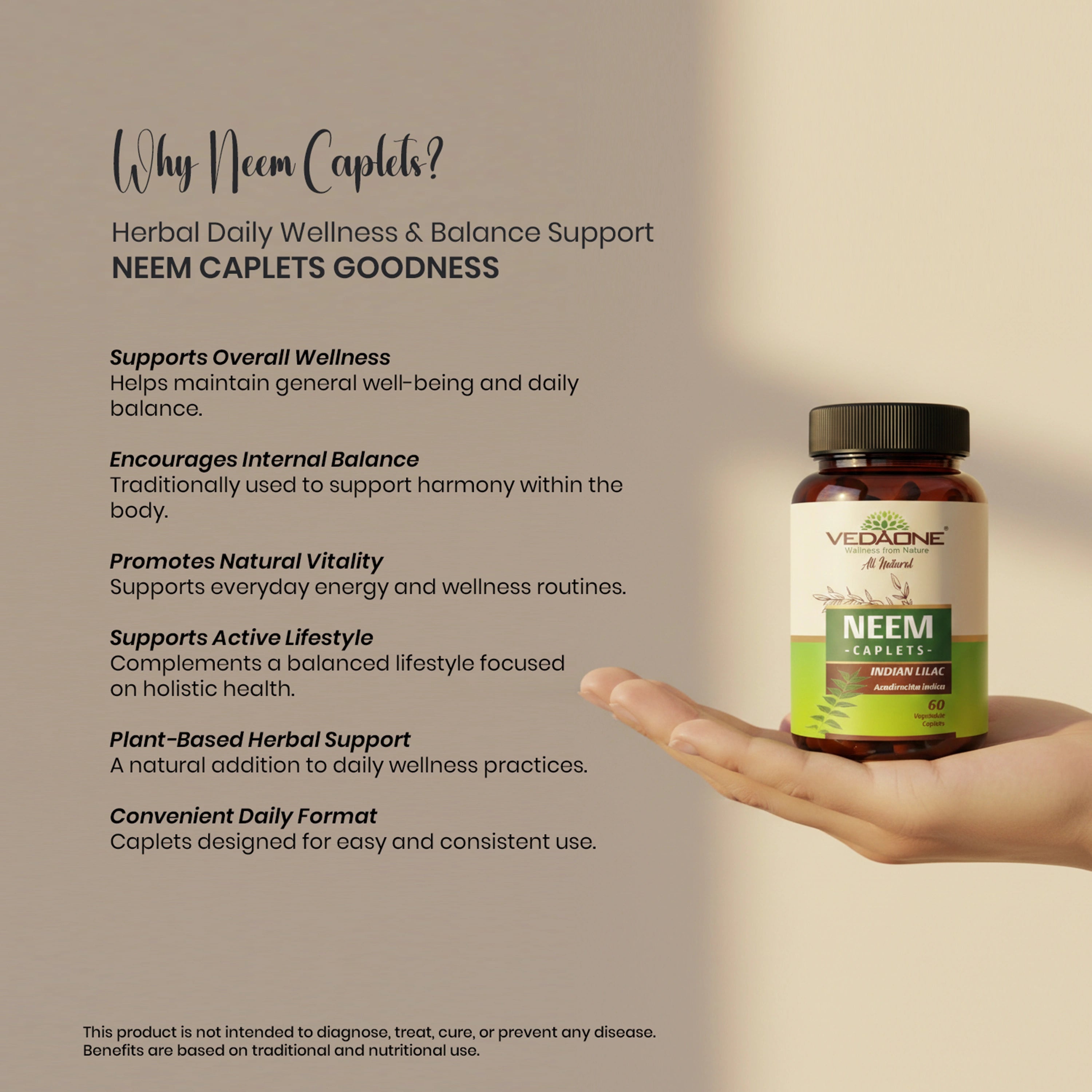 Vedaone Neem Caplets – 60 Caplets | Herbal Daily Wellness & Balance Support