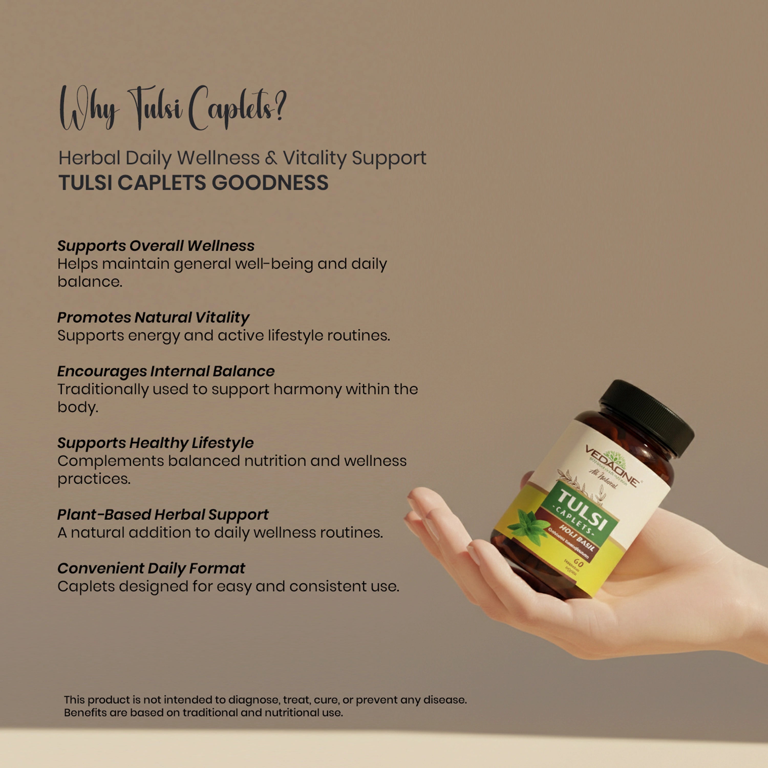 Vedaone Tulsi Caplets – 60 Caplets | Herbal Daily Wellness & Vitality Support